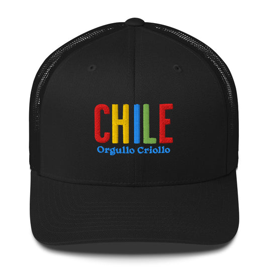Gorra bordada con texto “Orgullo Criollo”, diseño artesanal inspirado en la cultura chilena.