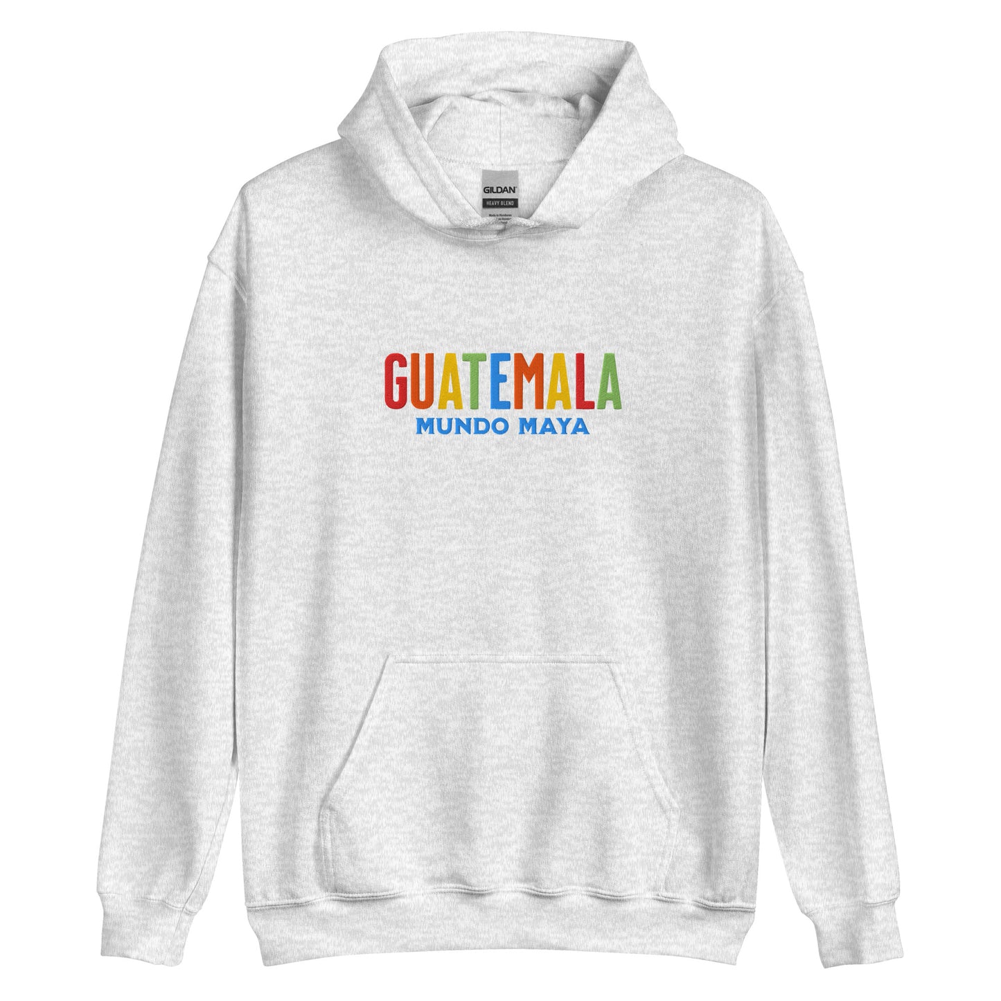 Hoodie bordado con la frase “Mundo Maya”, inspiración cultural de Guatemala.