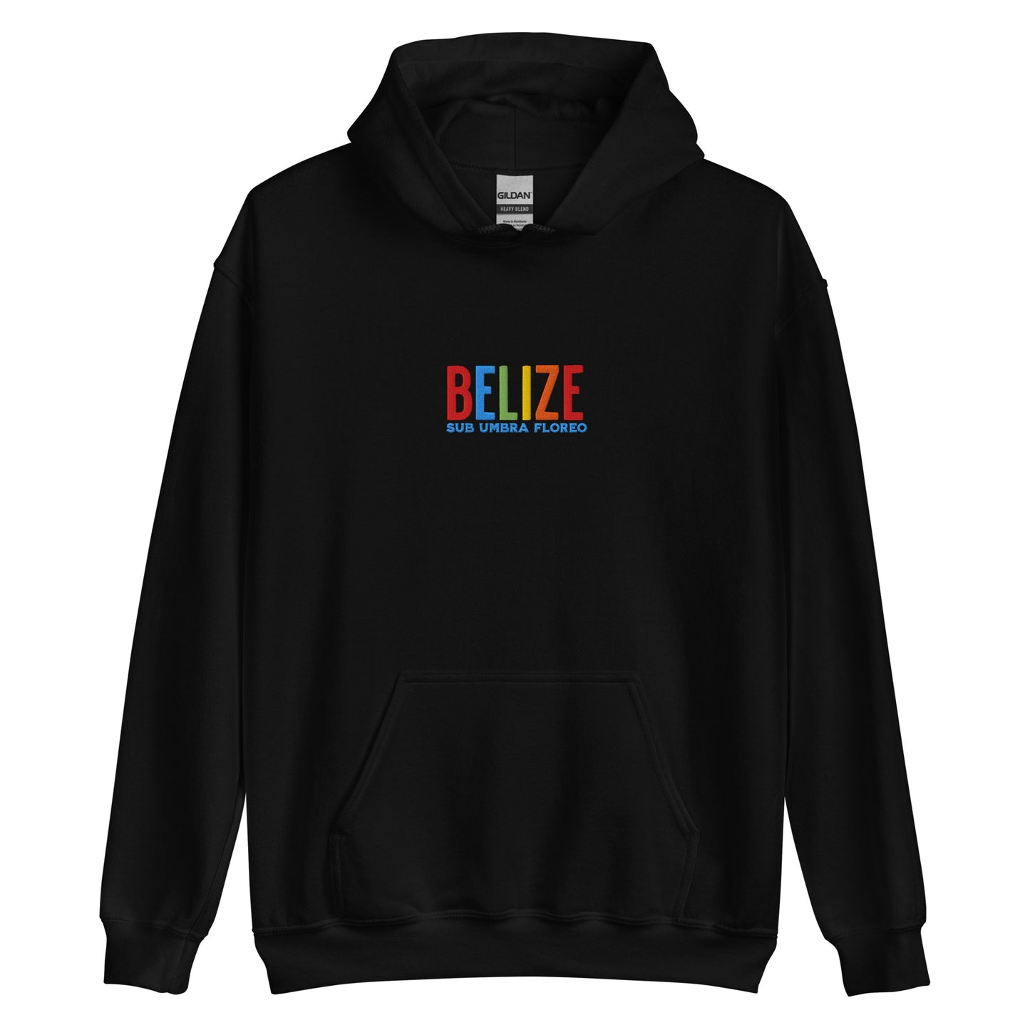 Hoodie bordado con la frase “Sub Umbra Floreo”, inspiración cultural de Belize.