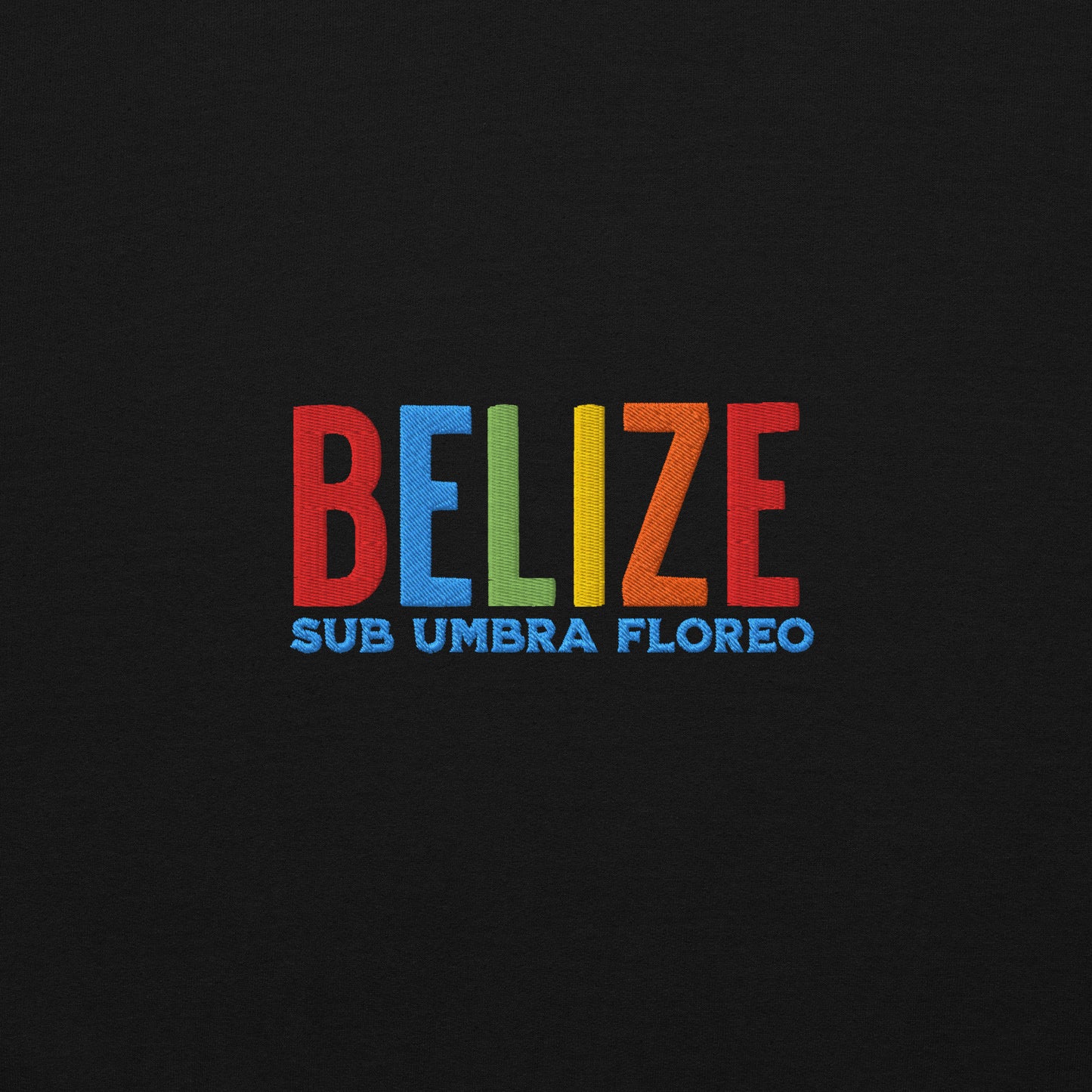 Hoodie bordado con la frase “Sub Umbra Floreo”, inspiración cultural de Belize.
