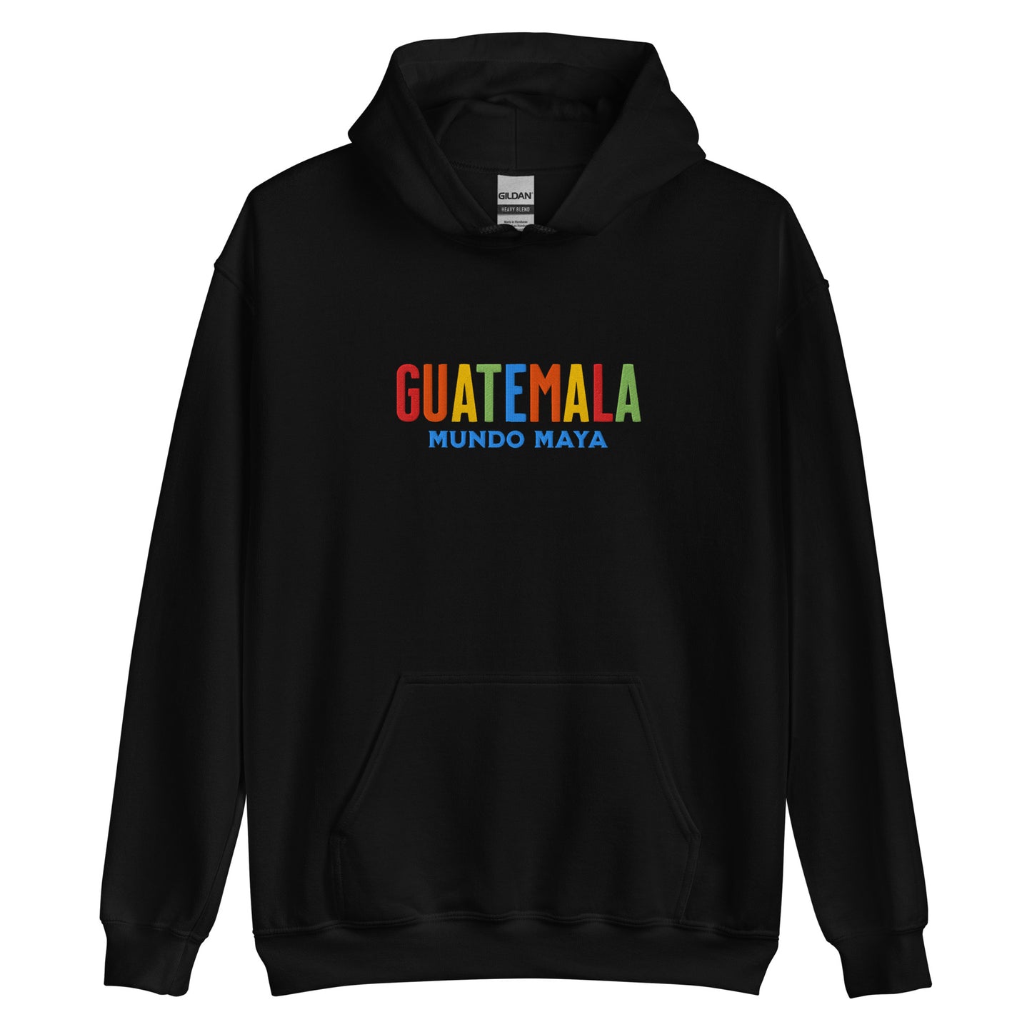 Hoodie bordado con la frase “Mundo Maya”, inspiración cultural de Guatemala.