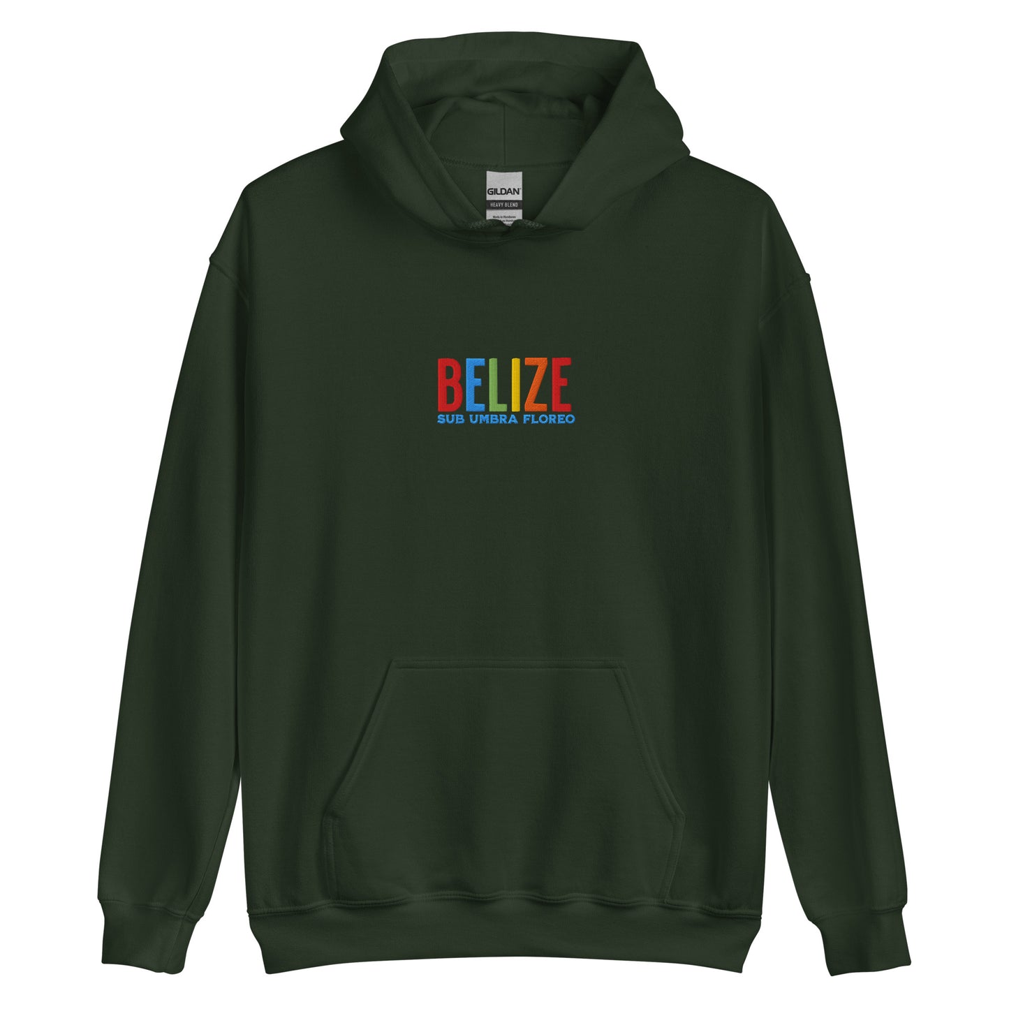 Hoodie bordado con la frase “Sub Umbra Floreo”, inspiración cultural de Belize.