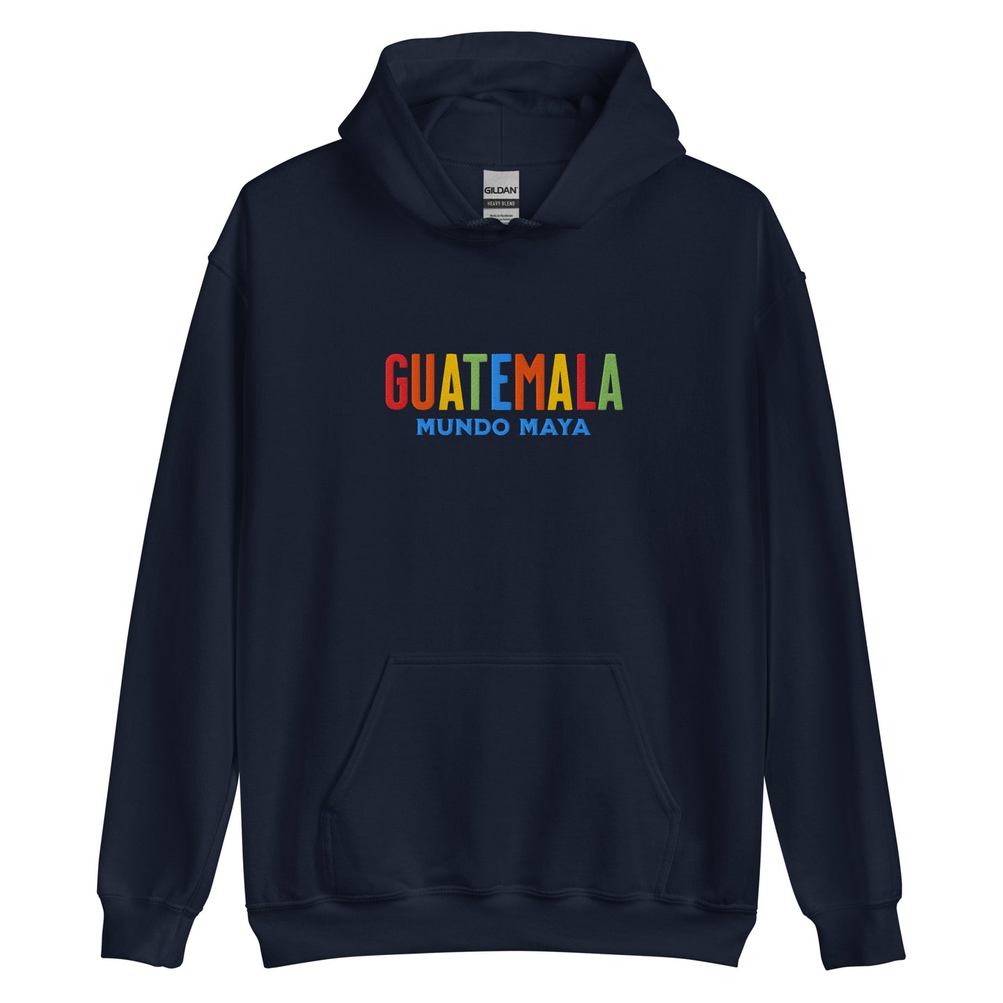 Hoodie bordado con la frase “Mundo Maya”, inspiración cultural de Guatemala.