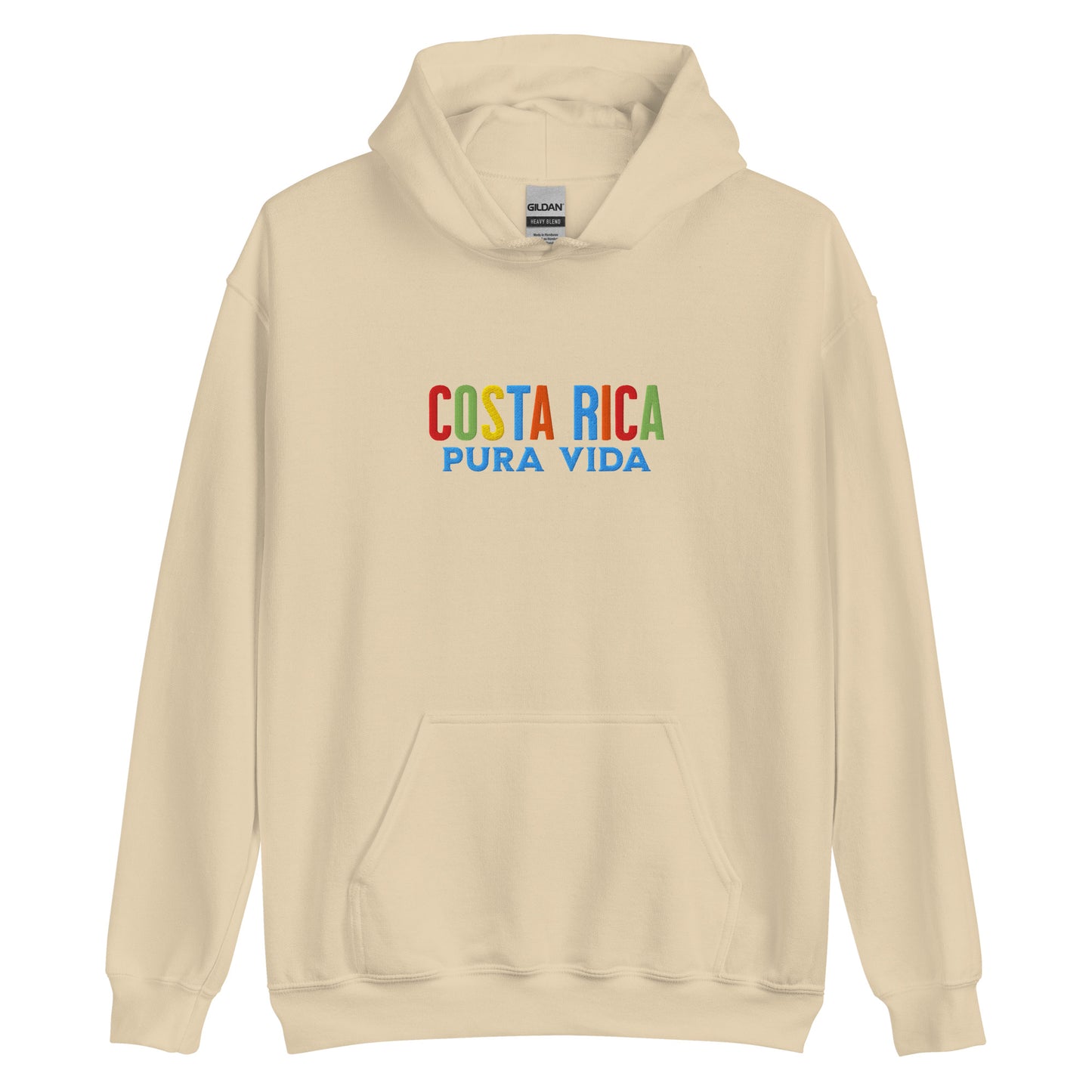 Hoodie bordado con la frase “Pura Vida”, inspiración cultural de Costa Rica.