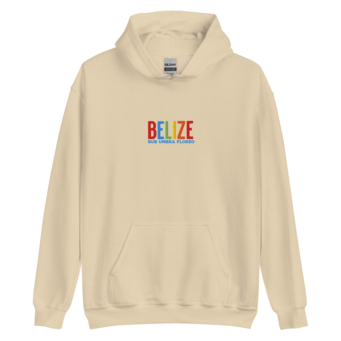Hoodie bordado con la frase “Sub Umbra Floreo”, inspiración cultural de Belize.