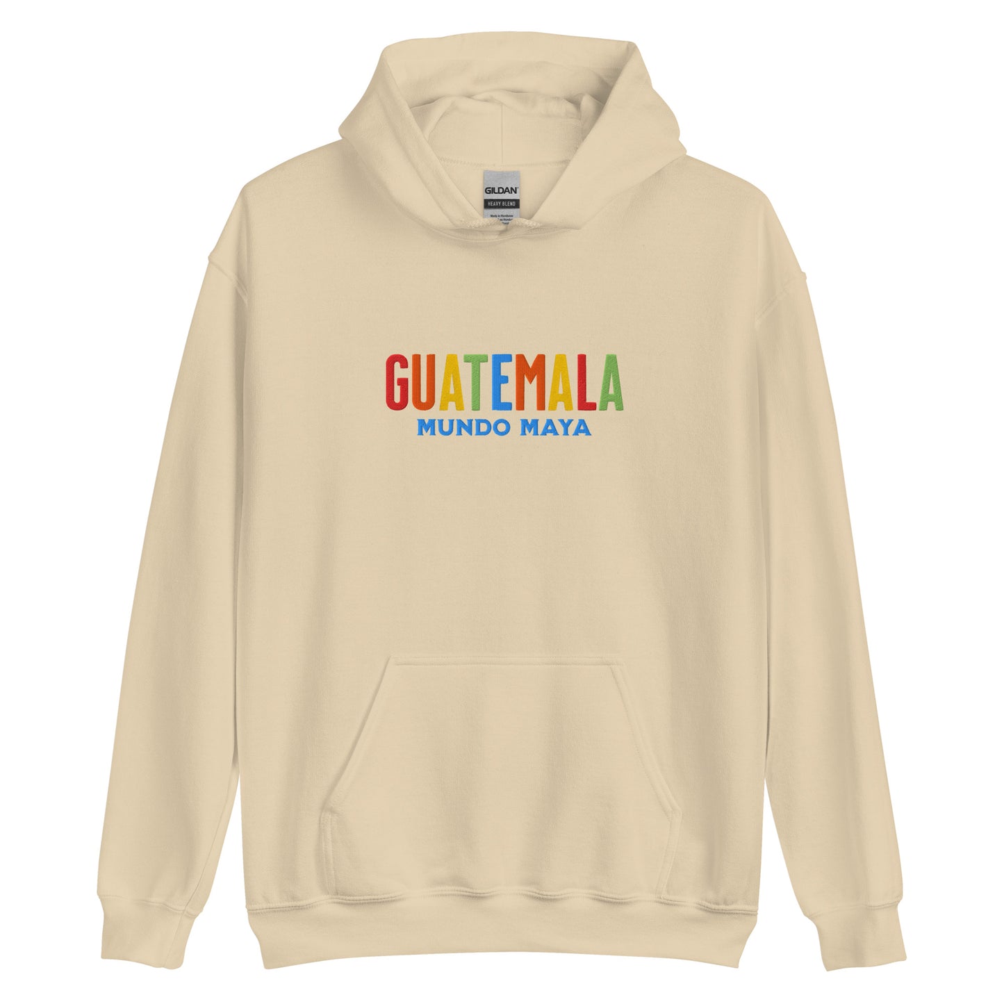 Hoodie bordado con la frase “Mundo Maya”, inspiración cultural de Guatemala.
