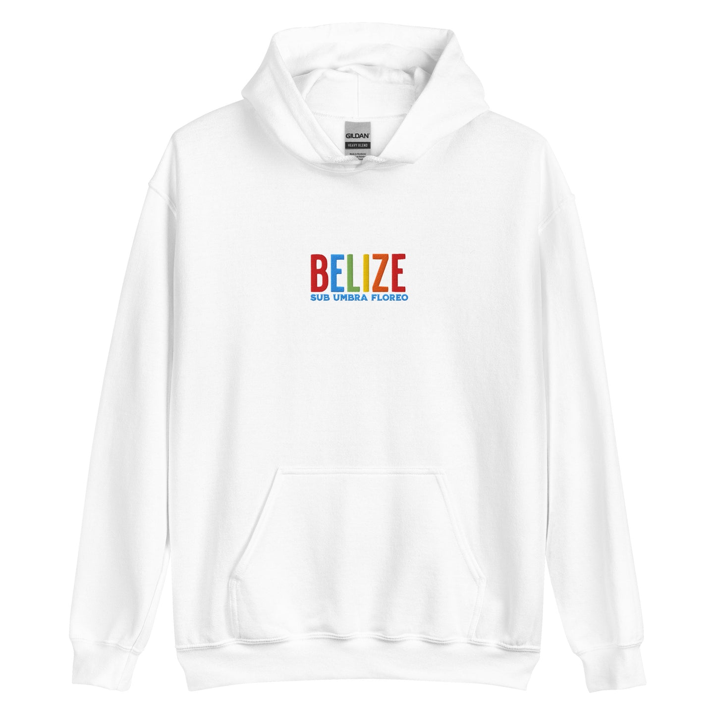 Hoodie bordado con la frase “Sub Umbra Floreo”, inspiración cultural de Belize.