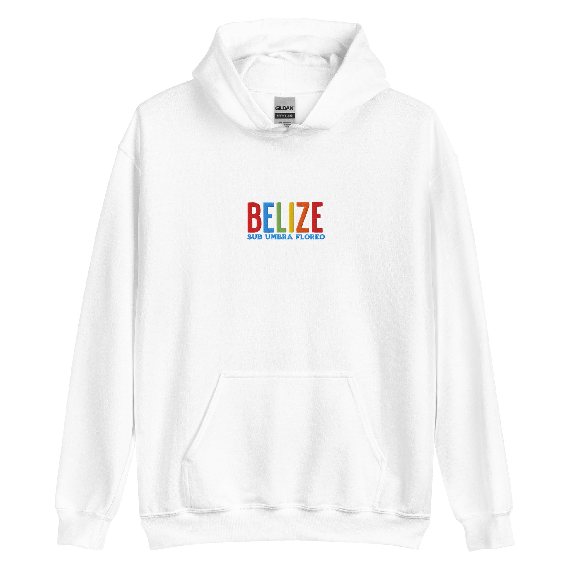 Hoodie bordado con la frase “Sub Umbra Floreo”, inspiración cultural de Belize.