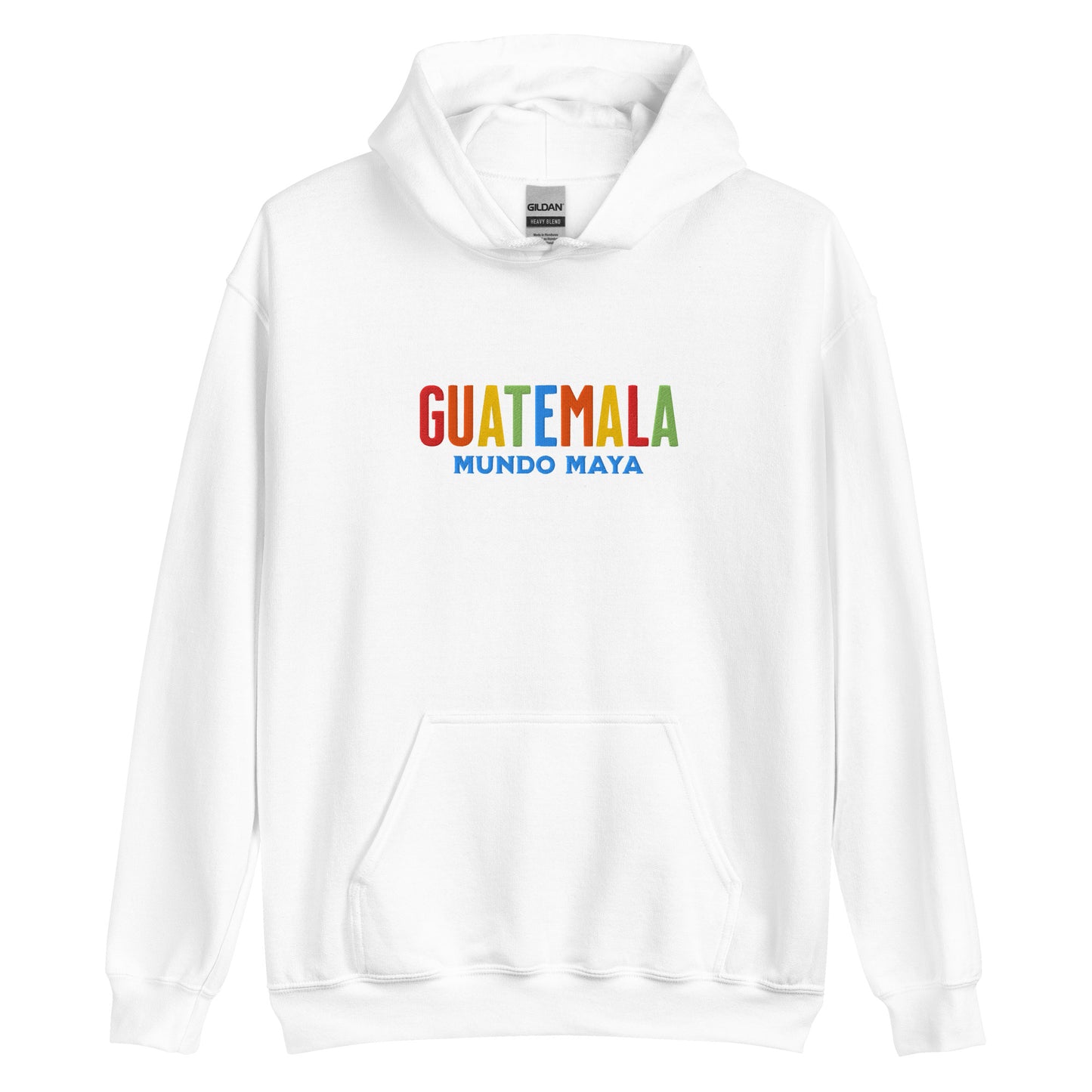 Hoodie bordado con la frase “Mundo Maya”, inspiración cultural de Guatemala.