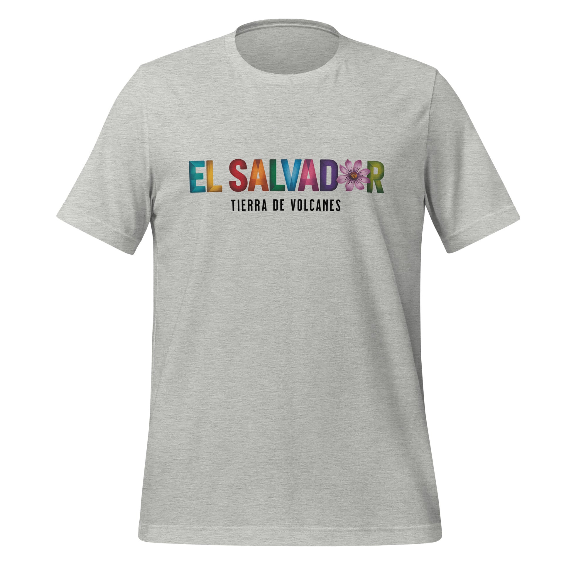 T-shirt con diseño colorido del país El Salvador con texto “El Salvador – Tierra de Volcanes”.