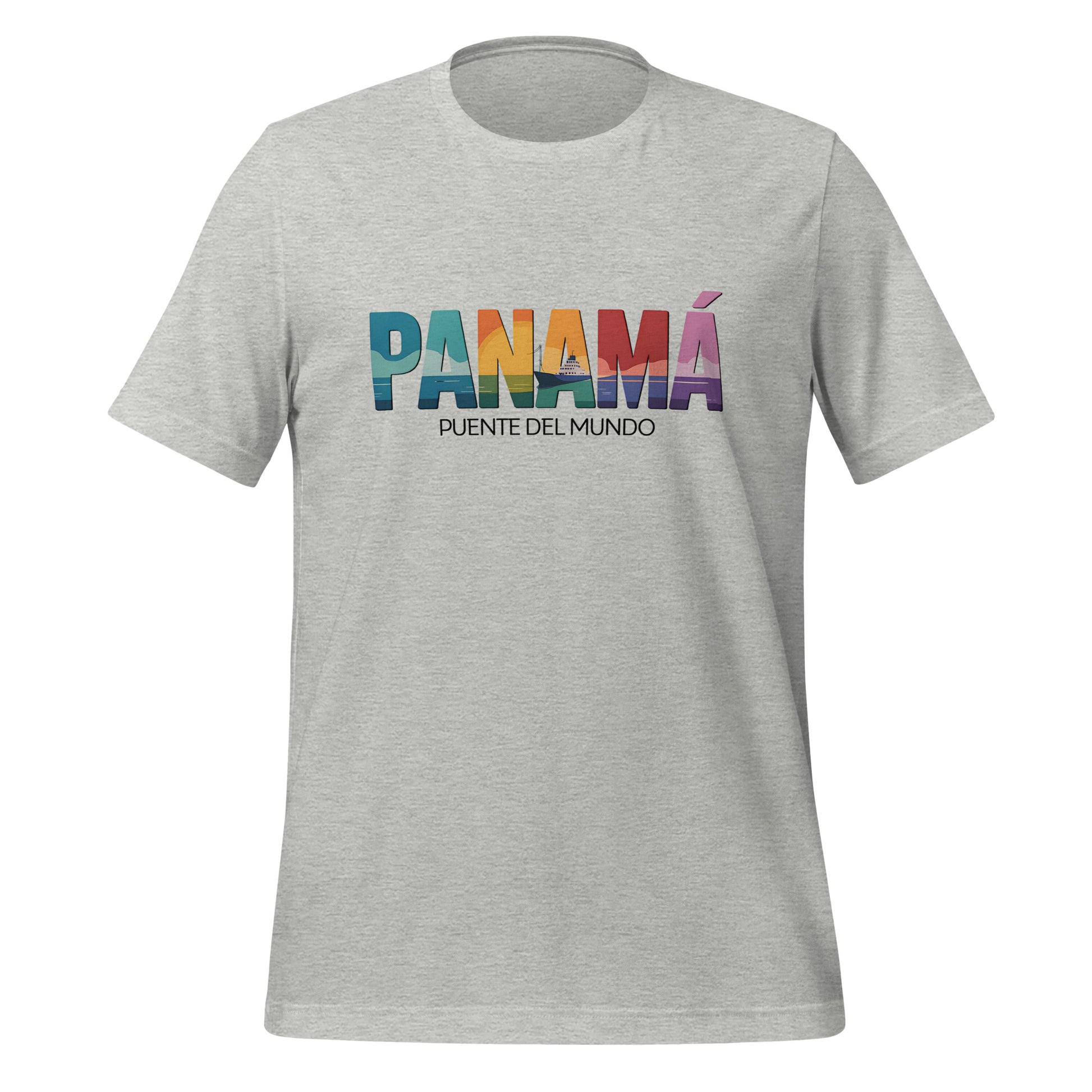 T-shirt con diseño colorido del país Panamá con texto “Panamá – Puente del Mundo”.