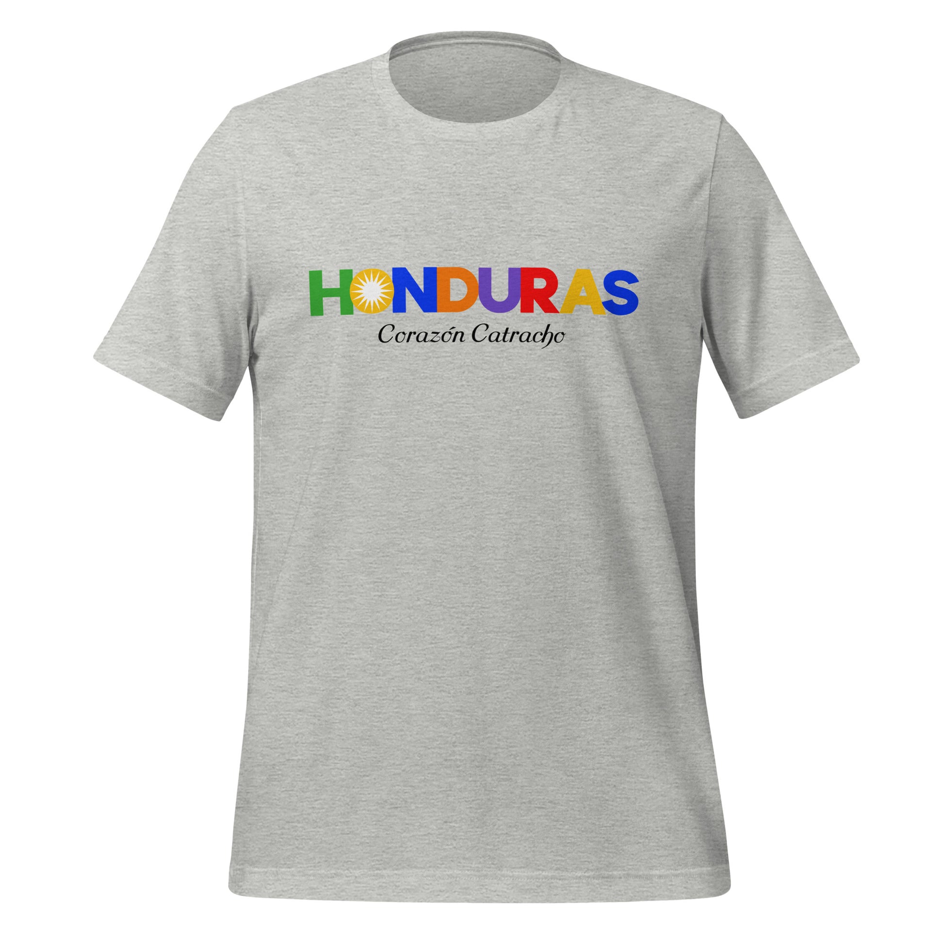 T-shirt con diseño colorido del país Honduras con texto “Honduras – Corazón Catracho”