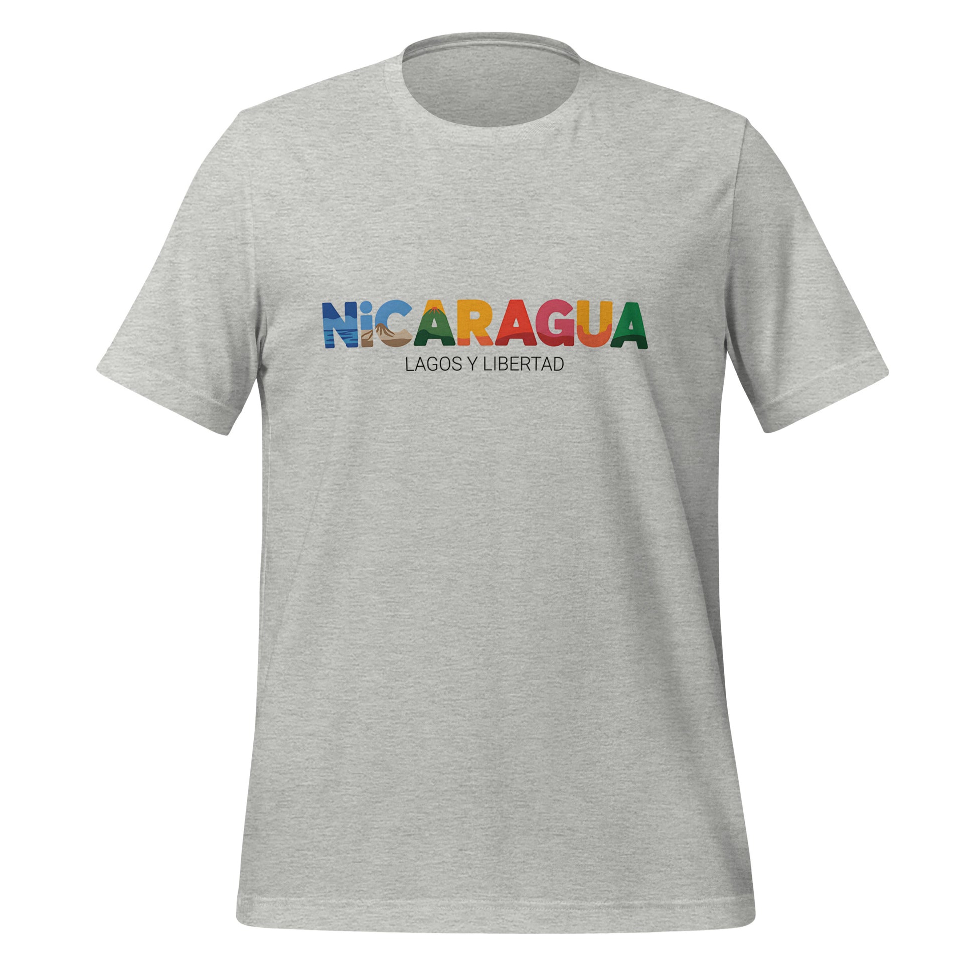 T-shirt con diseño colorido del país Nicaragua con texto “Nicaragua – Lagos y Libertad”.