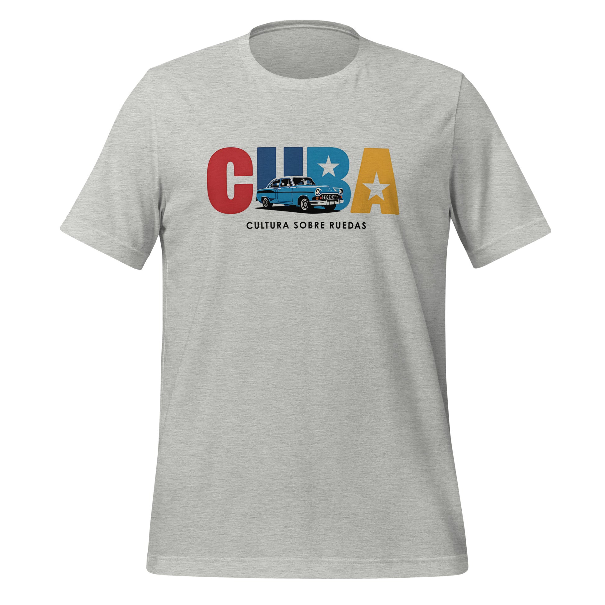 T-shirt con diseño colorido del país Cuba con texto “Cuba – Cultura sobre Ruedas”.
