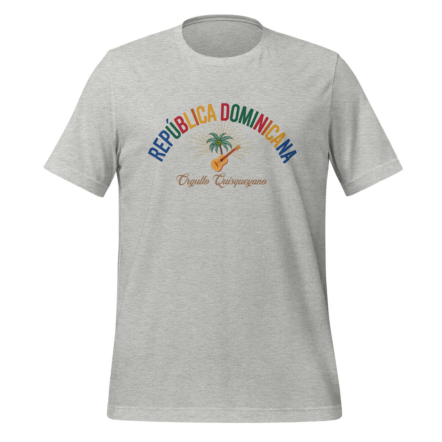 T-shirt con diseño colorido del país República Dominicana con texto “República Dominicana – Orgullo Caribeño”.