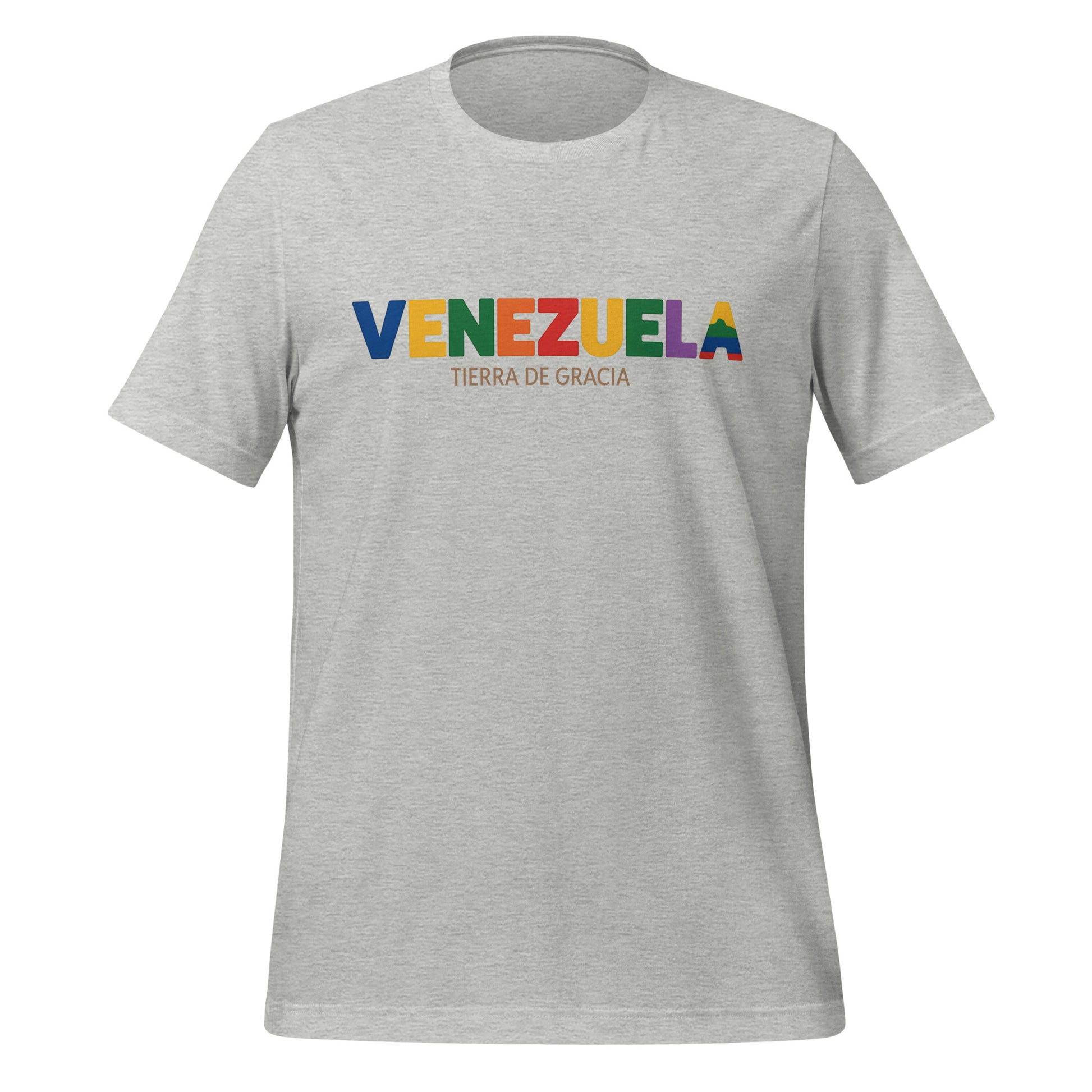 T-shirt con diseño colorido del país Venezuela con texto “Venezuela – Tierra de Gracia”.