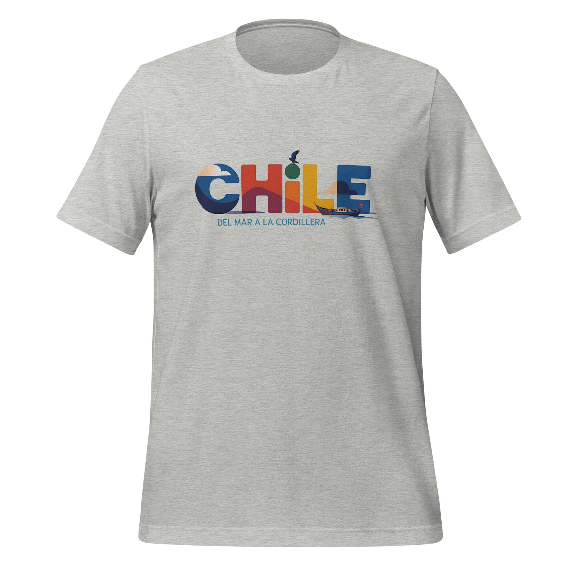 T-shirt con diseño colorido del país Chile con texto “Chile – Del Mar a la Cordillera”.