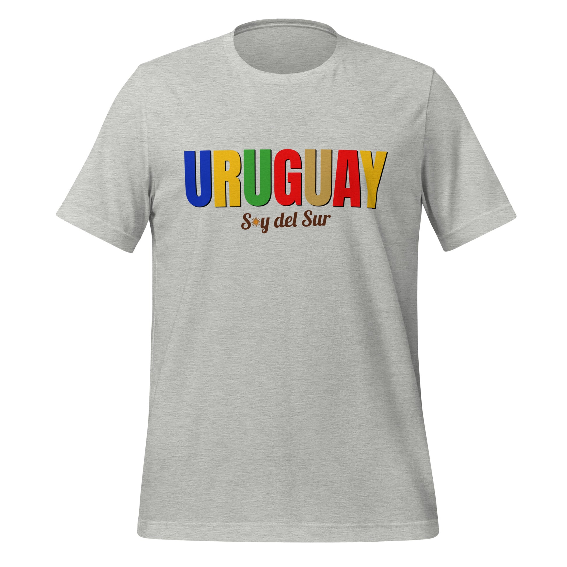 T-shirt con diseño colorido del país Uruguay con texto “Uruguay – Soy del Sur