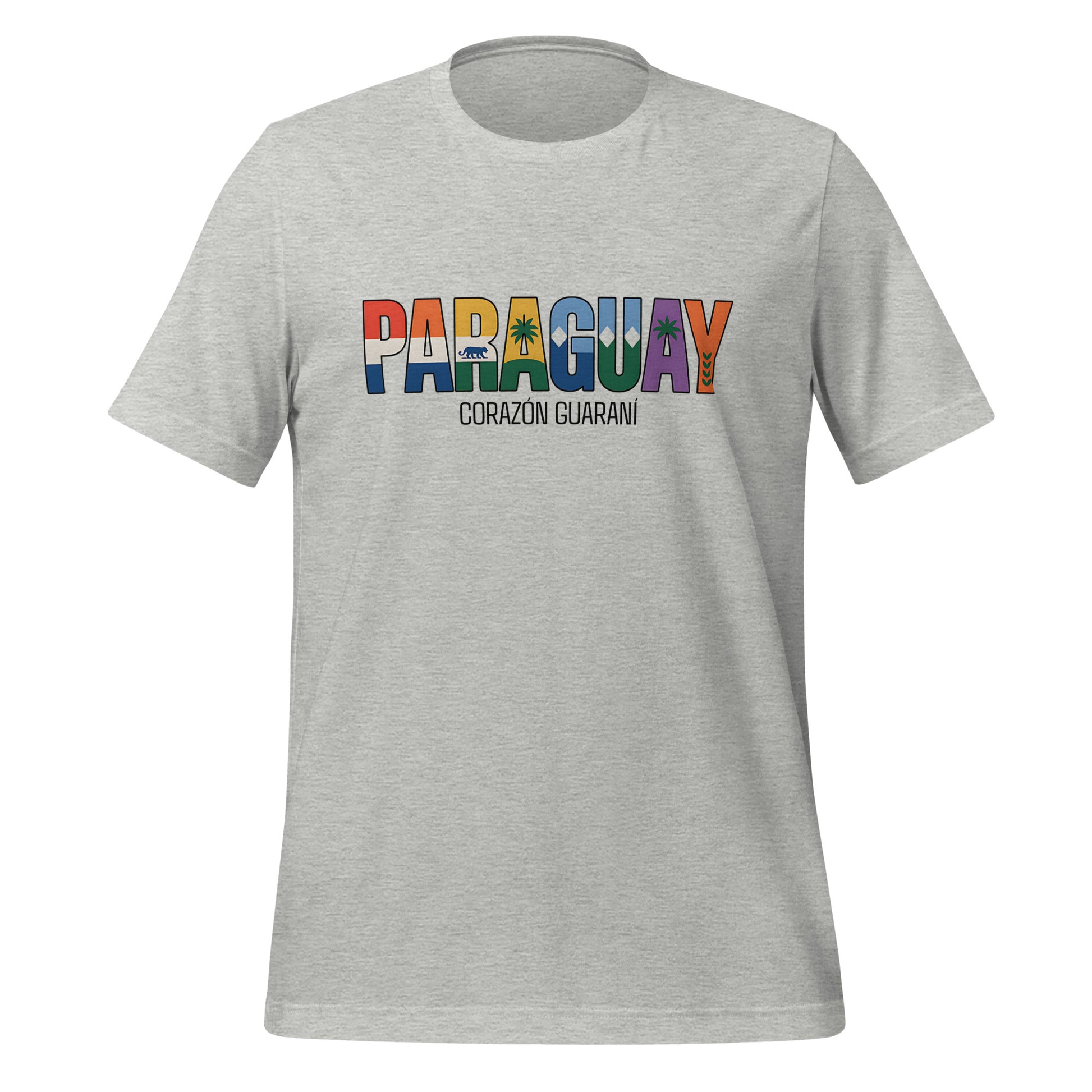 T-shirt con diseño colorido del país Paraguay con texto “Paraguay – Corazón Guaraní”.