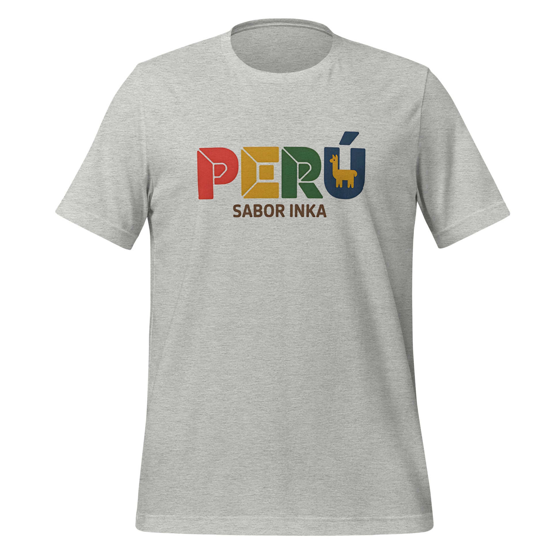 T-shirt con diseño colorido del país Perú con texto “Perú – Sabor Inka”.