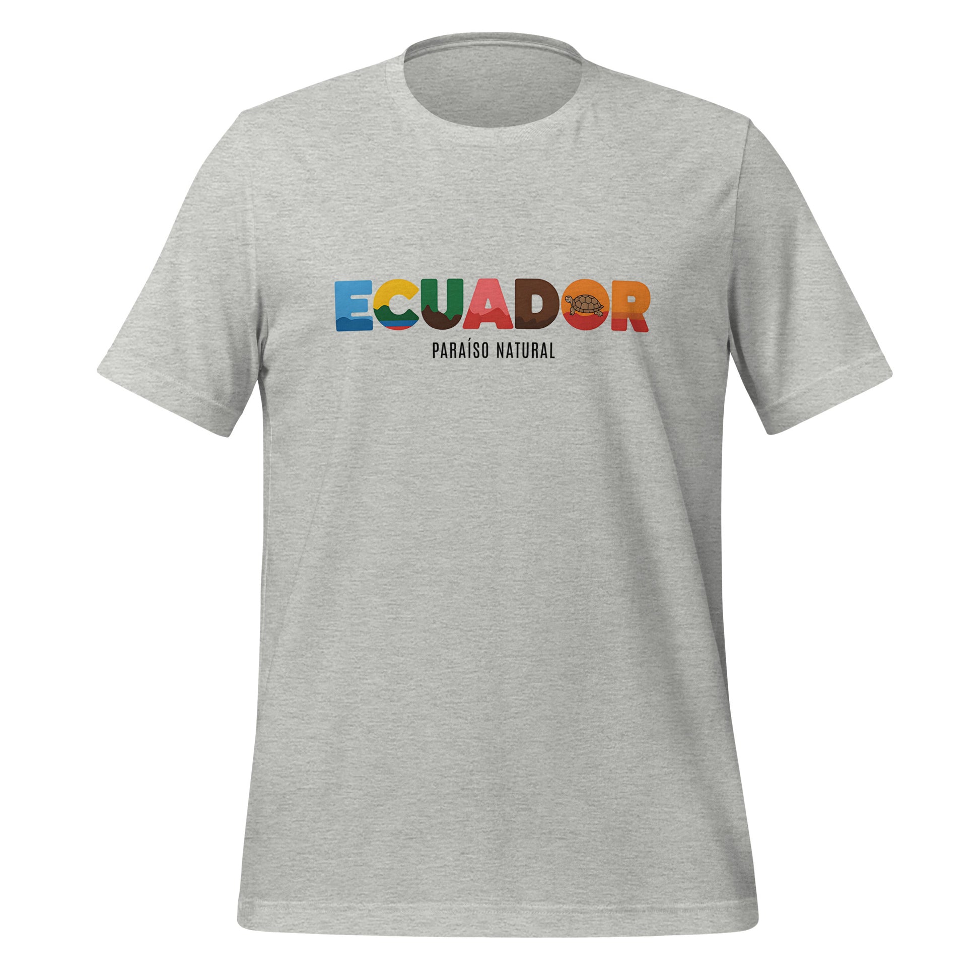 T-shirt con diseño colorido del país Ecuador con texto “Ecuador – Paraíso Natural”.