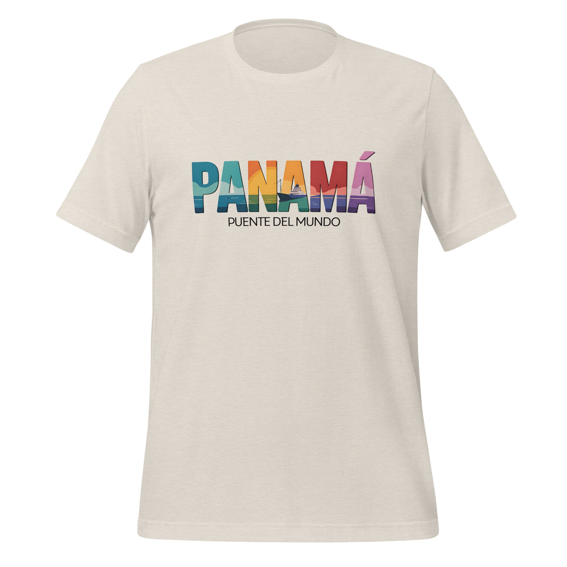 T-shirt con diseño colorido del país Panamá con texto “Panamá – Puente del Mundo”.