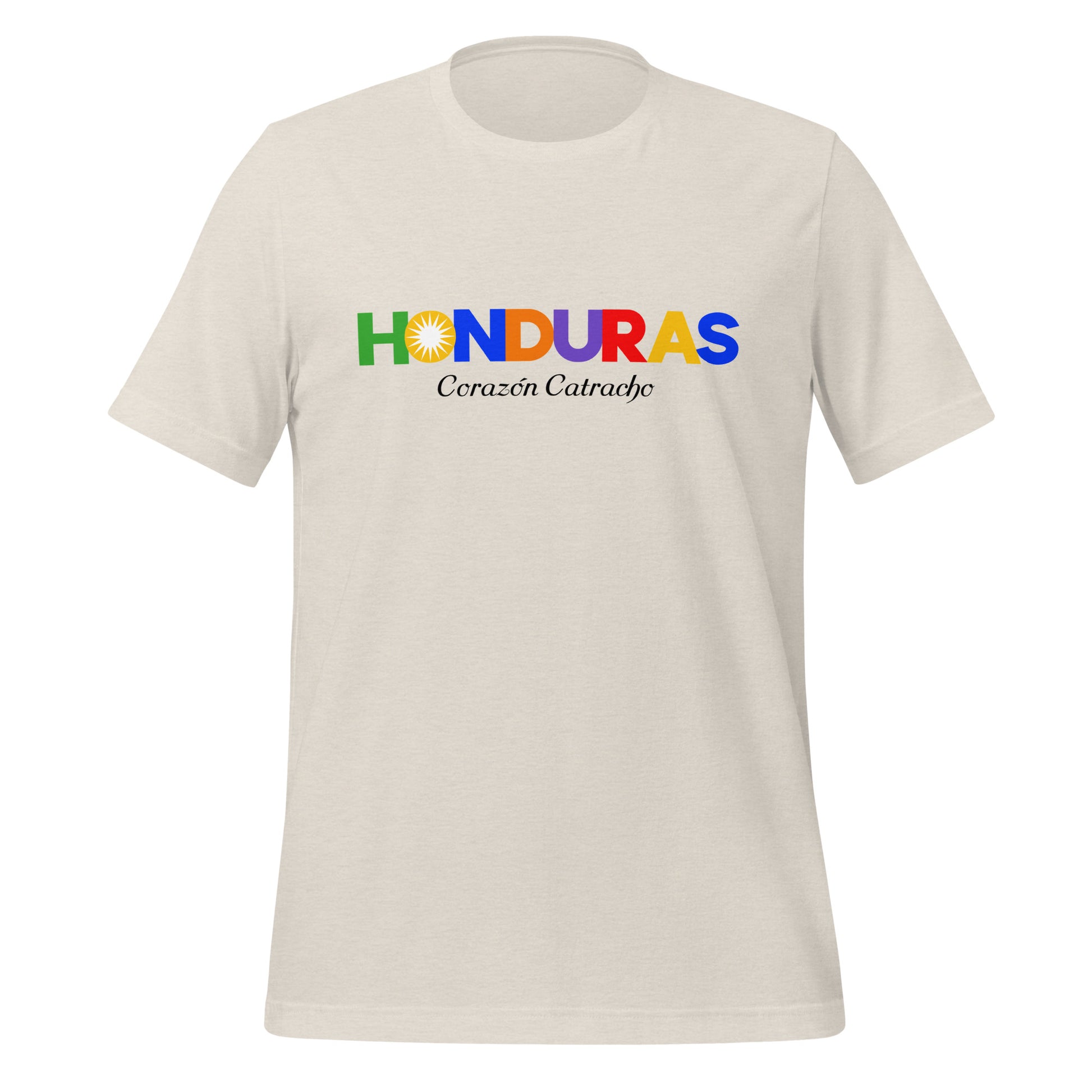 T-shirt con diseño colorido del país Honduras con texto “Honduras – Corazón Catracho”