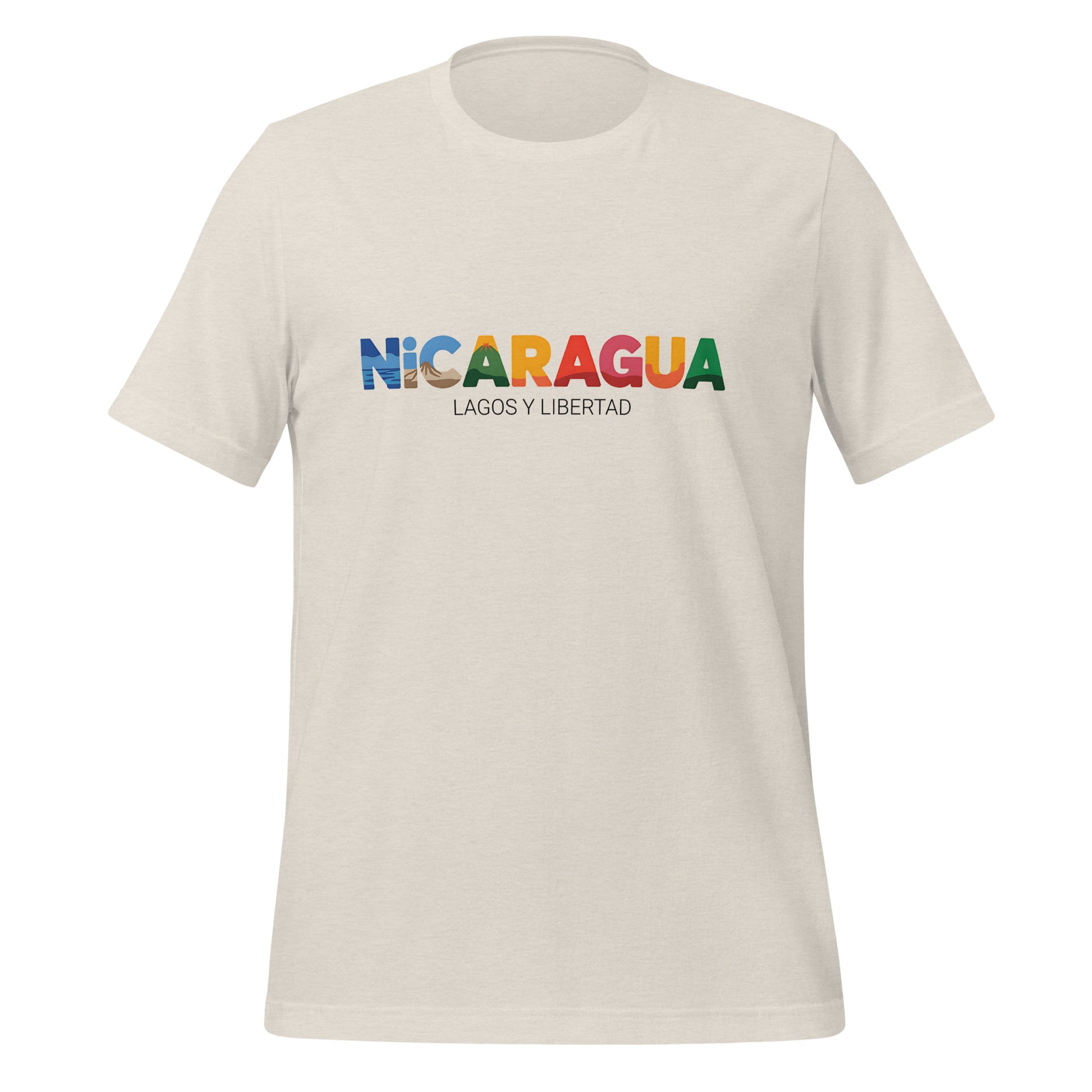 T-shirt con diseño colorido del país Nicaragua con texto “Nicaragua – Lagos y Libertad”.