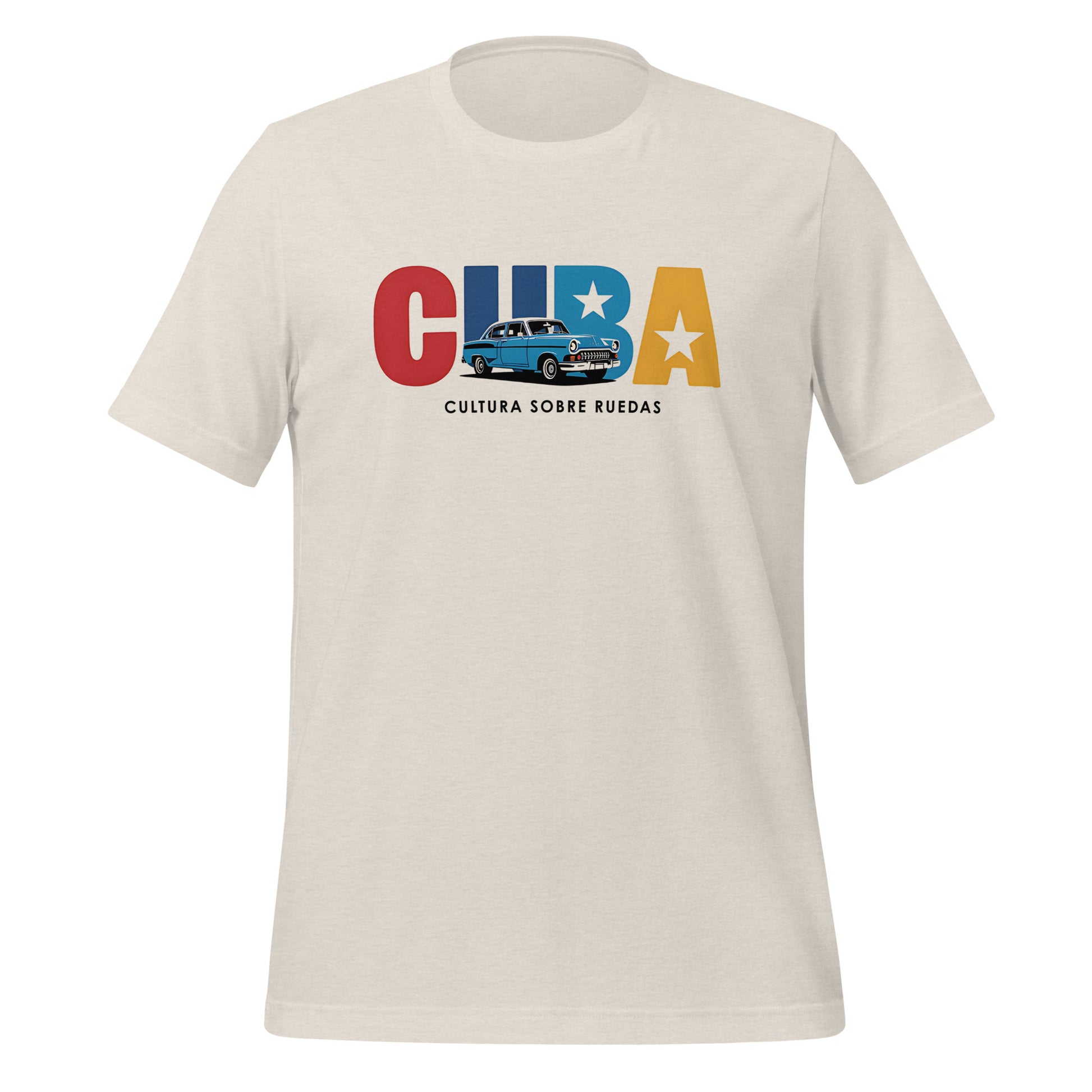 T-shirt con diseño colorido del país Cuba con texto “Cuba – Cultura sobre Ruedas”.