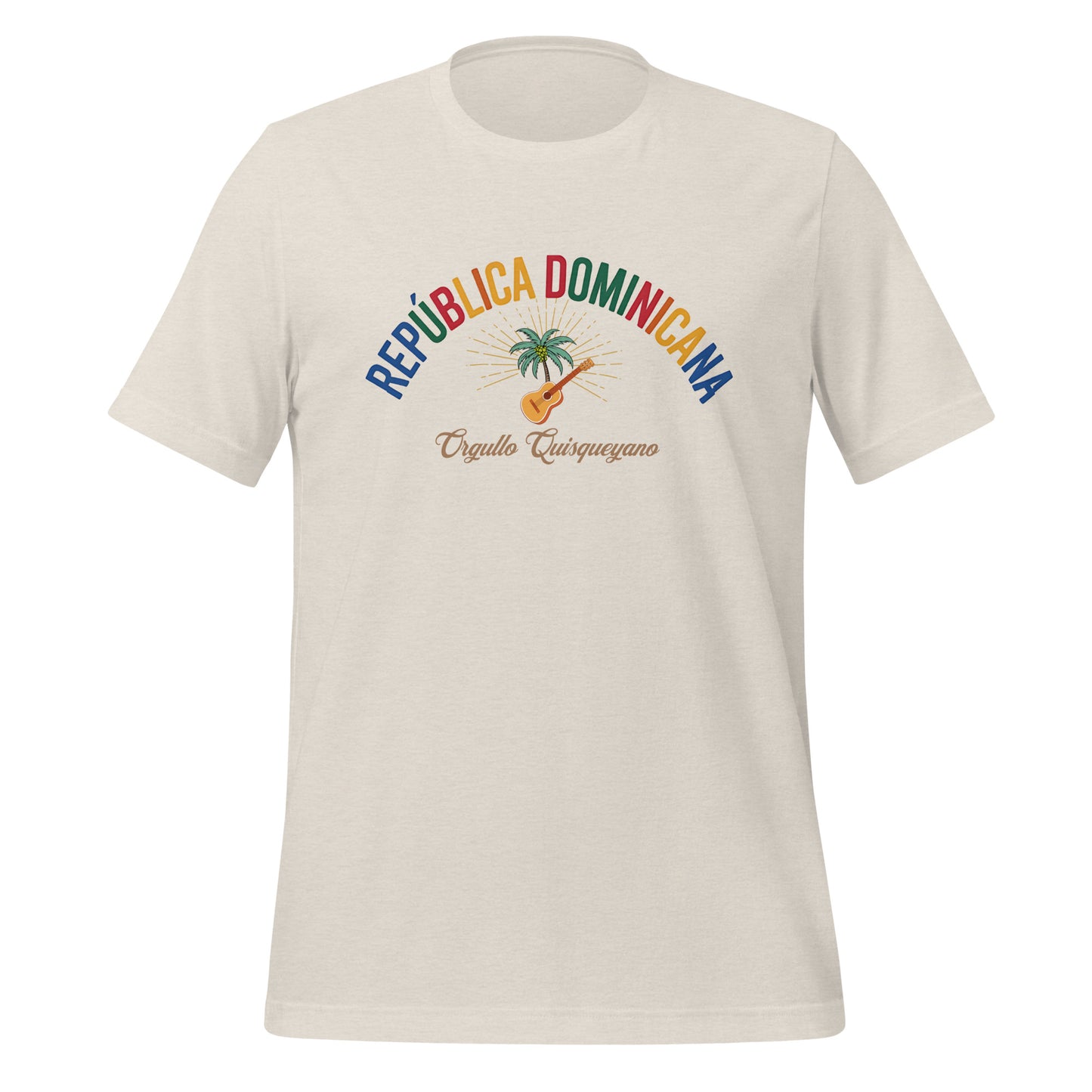 T-shirt con diseño colorido del país República Dominicana con texto “República Dominicana – Orgullo Caribeño”.