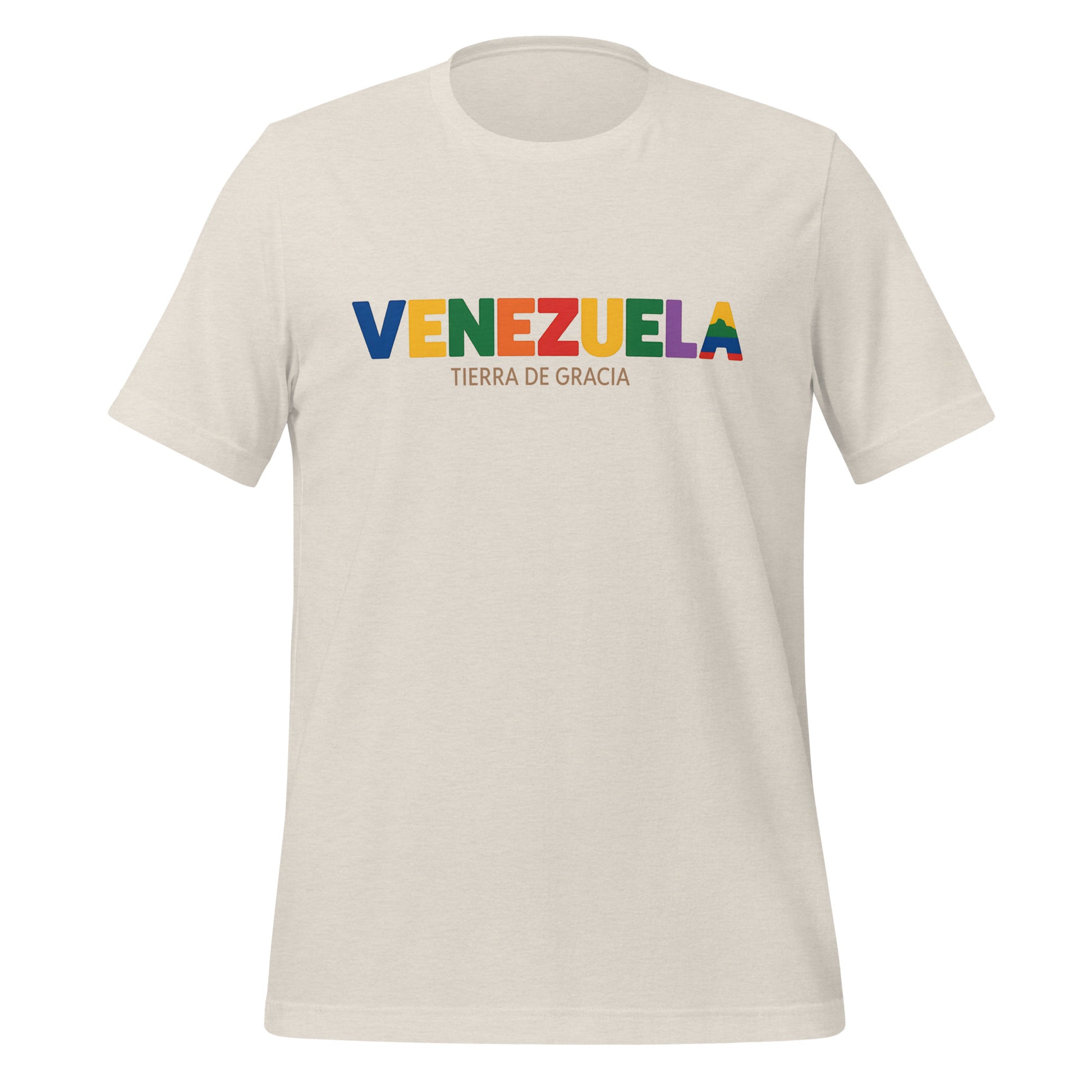 T-shirt con diseño colorido del país Venezuela con texto “Venezuela – Tierra de Gracia”.