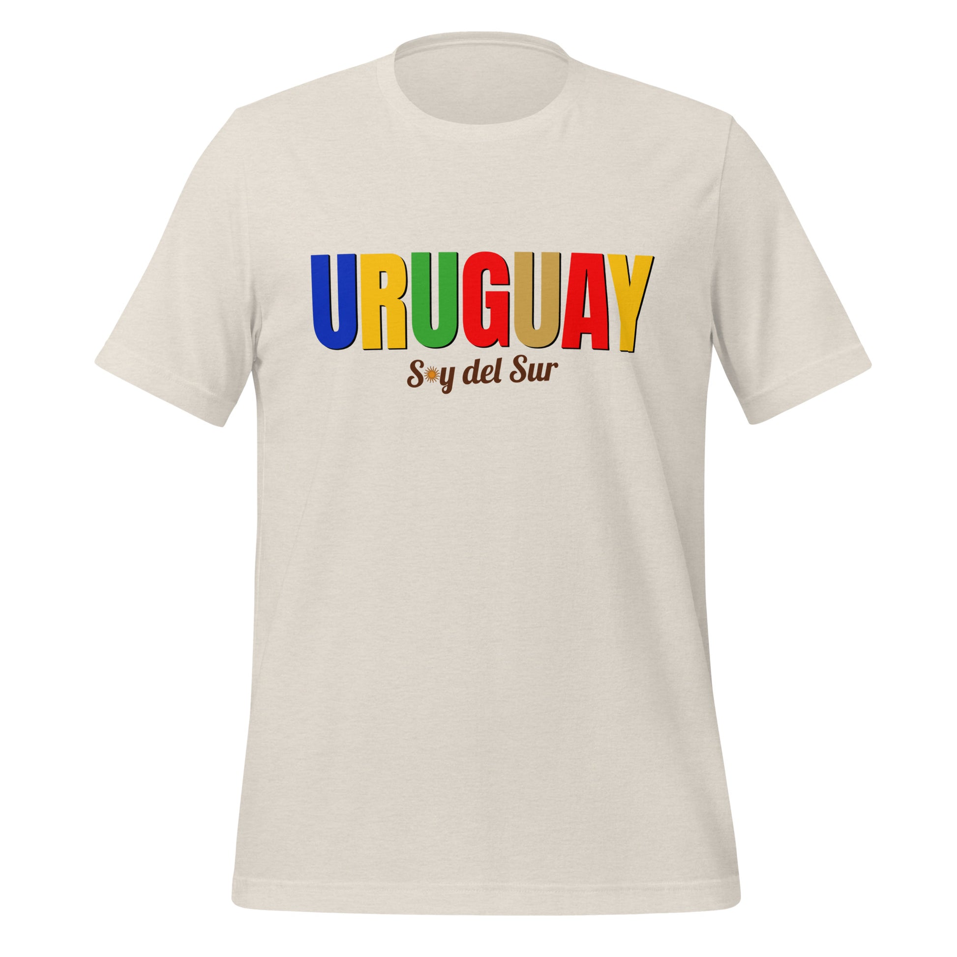 T-shirt con diseño colorido del país Uruguay con texto “Uruguay – Soy del Sur