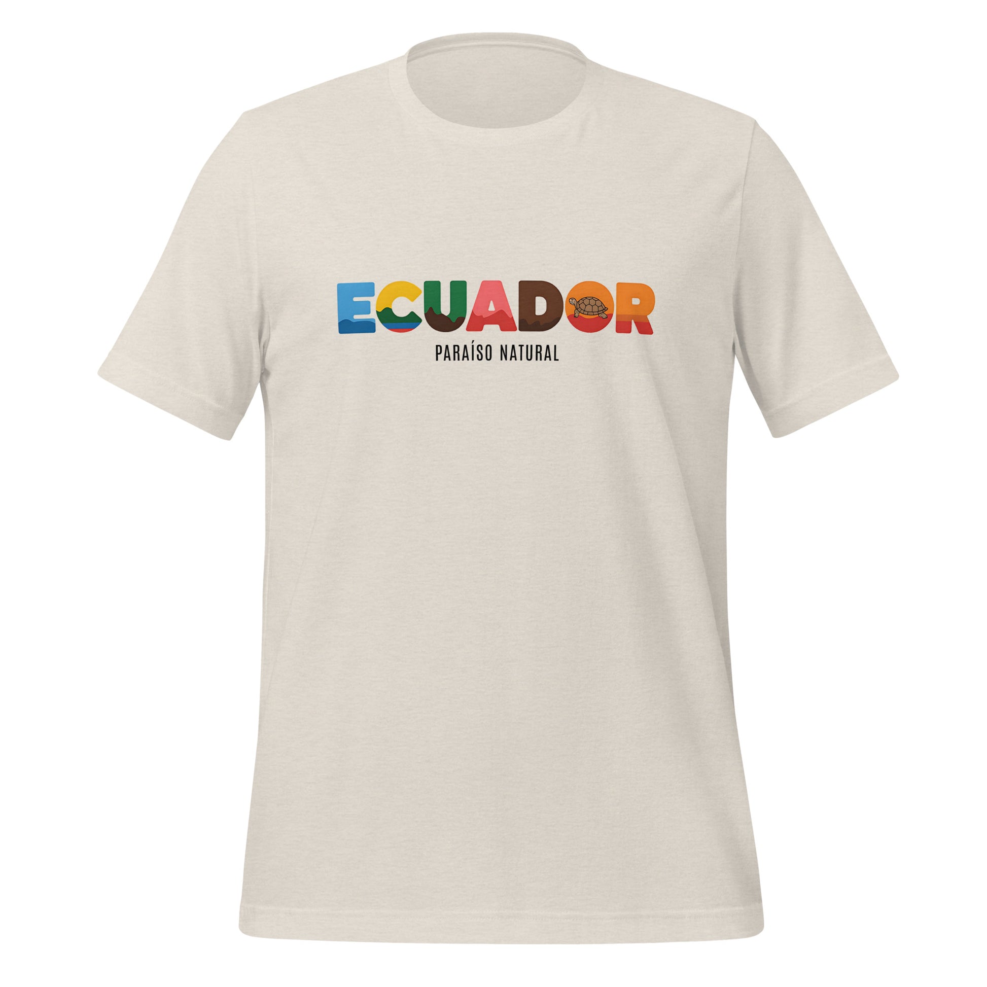 T-shirt con diseño colorido del país Ecuador con texto “Ecuador – Paraíso Natural”.