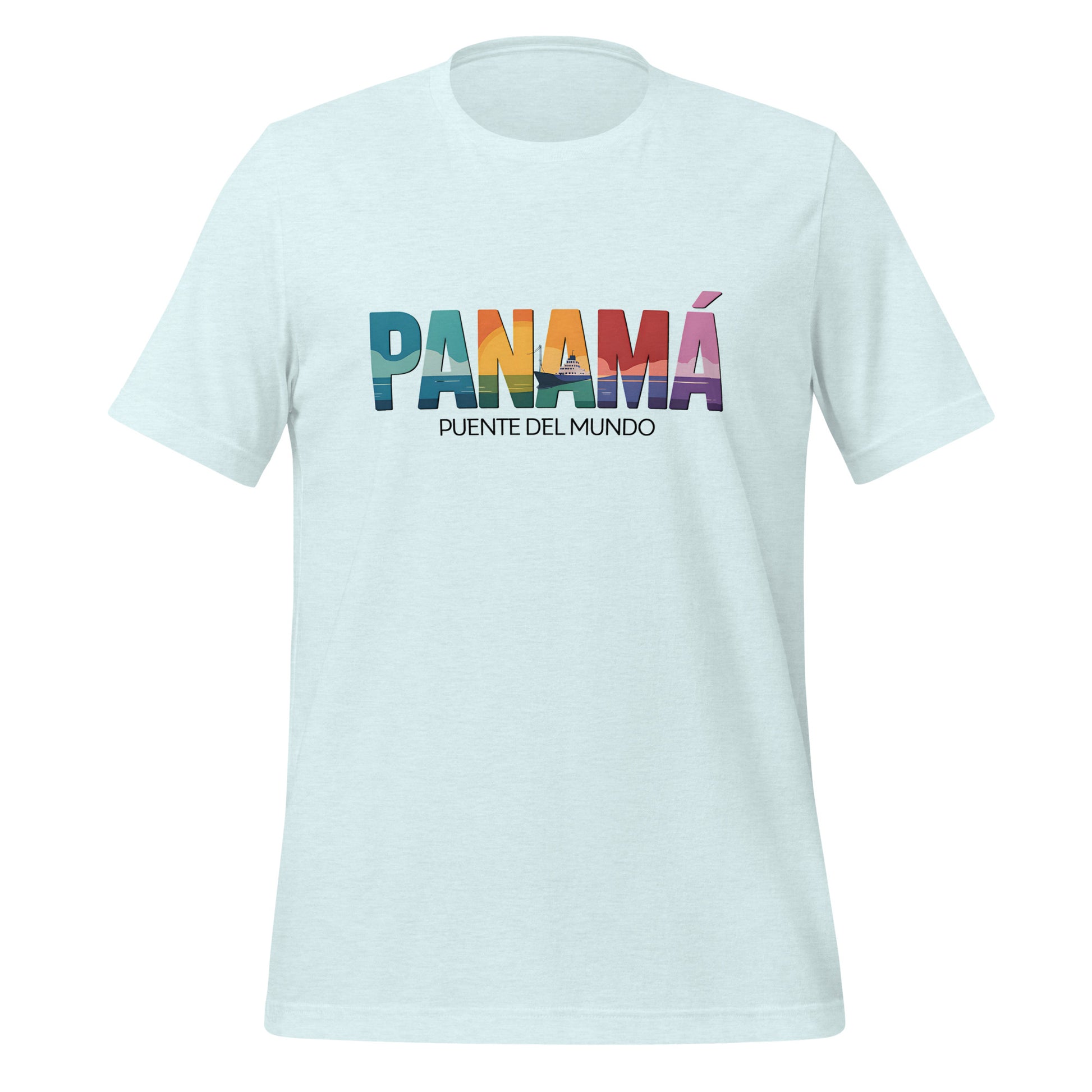 T-shirt con diseño colorido del país Panamá con texto “Panamá – Puente del Mundo”.