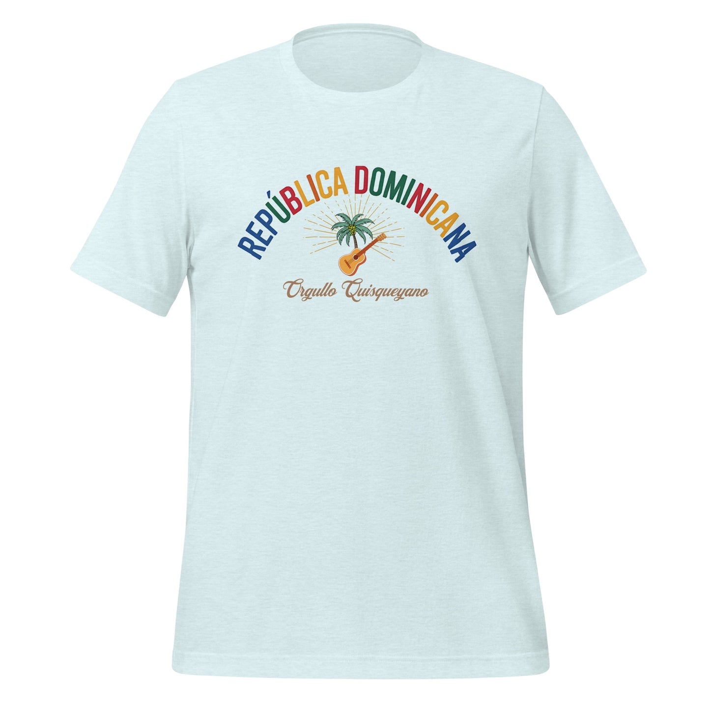 T-shirt con diseño colorido del país República Dominicana con texto “República Dominicana – Orgullo Caribeño”.