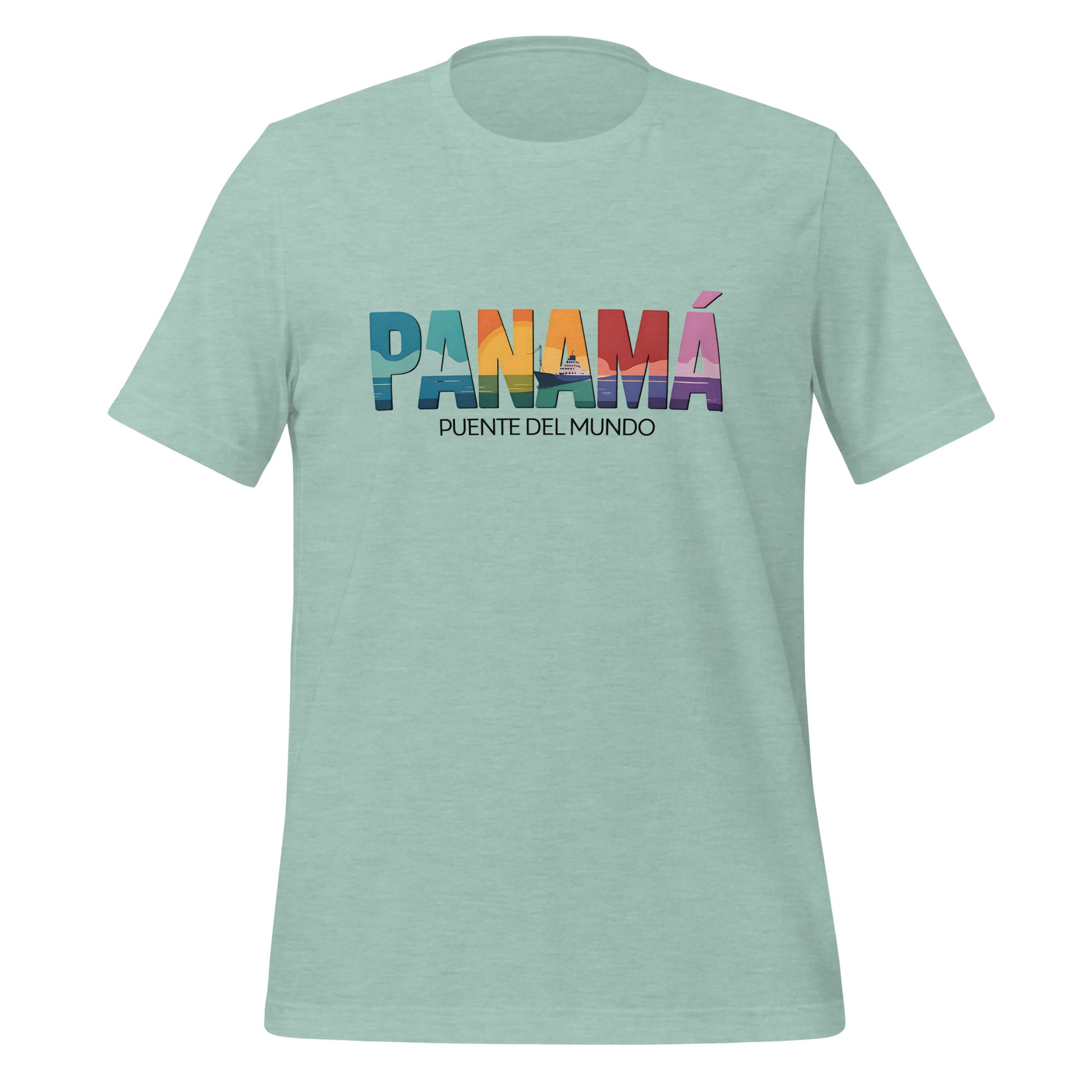 T-shirt con diseño colorido del país Panamá con texto “Panamá – Puente del Mundo”.