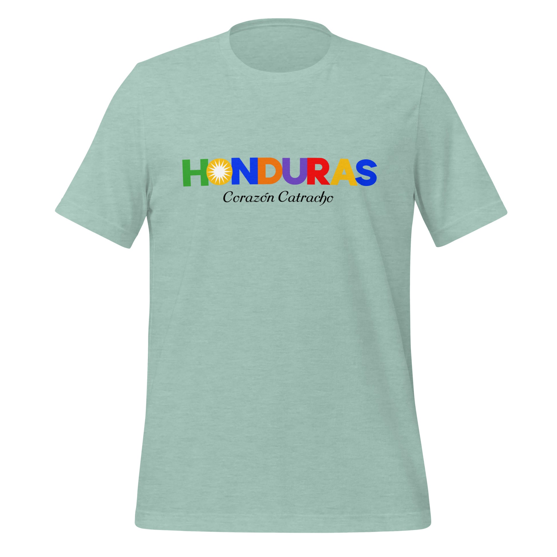 T-shirt con diseño colorido del país Honduras con texto “Honduras – Corazón Catracho”