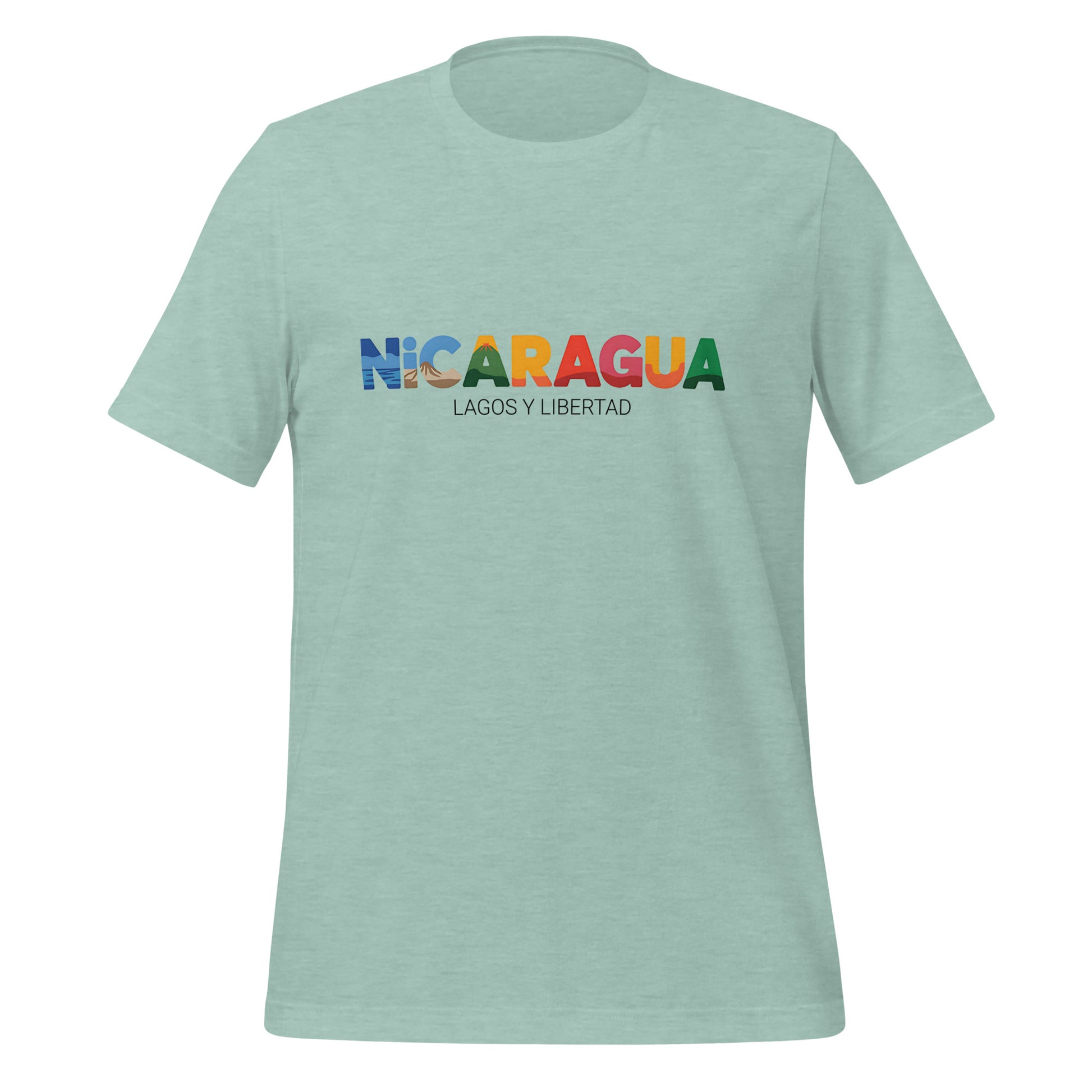 T-shirt con diseño colorido del país Nicaragua con texto “Nicaragua – Lagos y Libertad”.