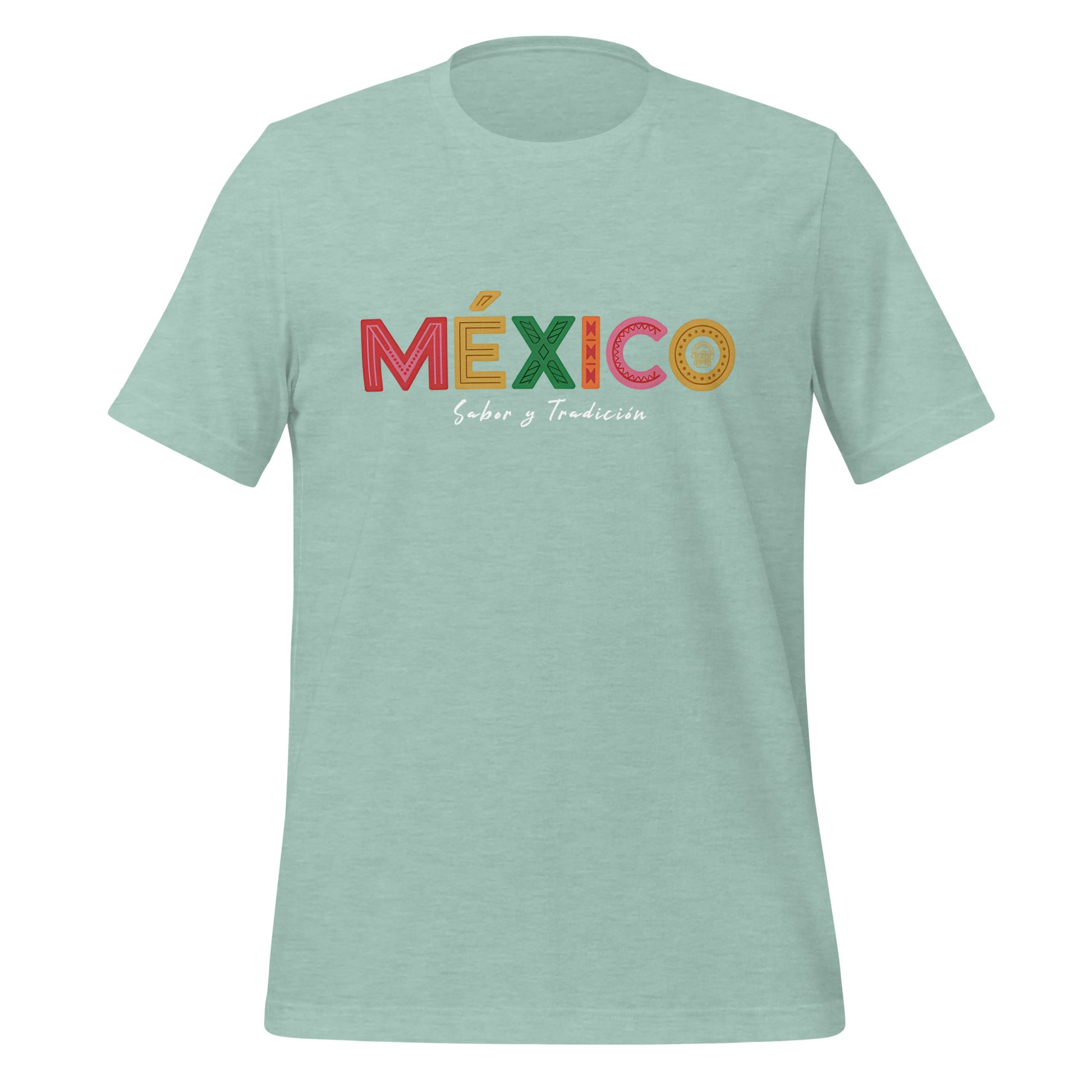 T-shirt con diseño colorido del país México con texto “México”.