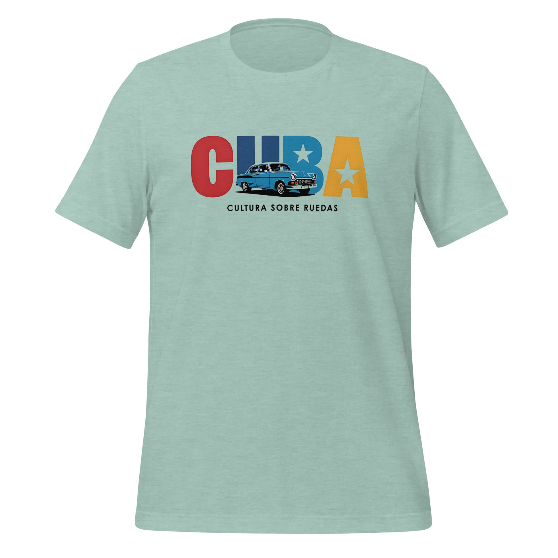 T-shirt con diseño colorido del país Cuba con texto “Cuba – Cultura sobre Ruedas”.