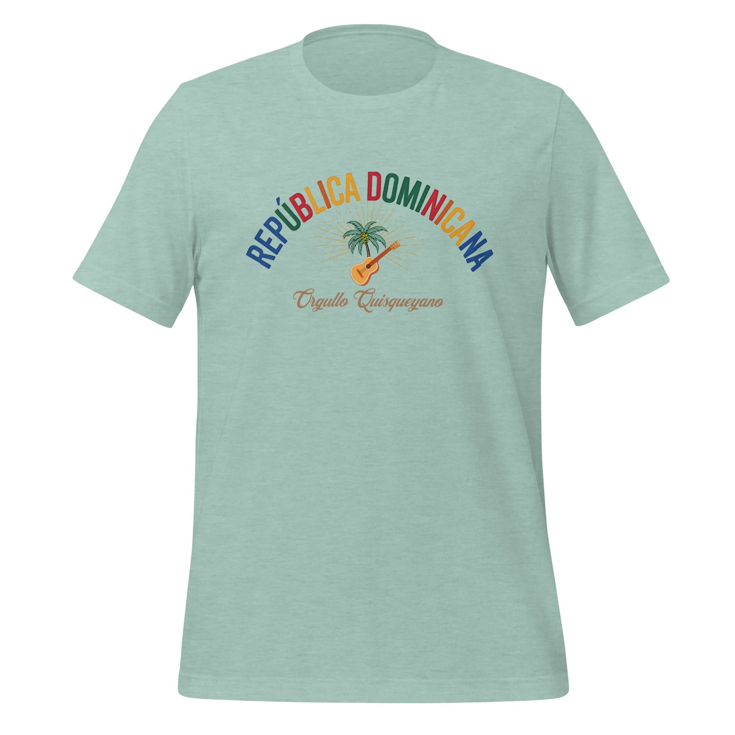 T-shirt con diseño colorido del país República Dominicana con texto “República Dominicana – Orgullo Caribeño”.