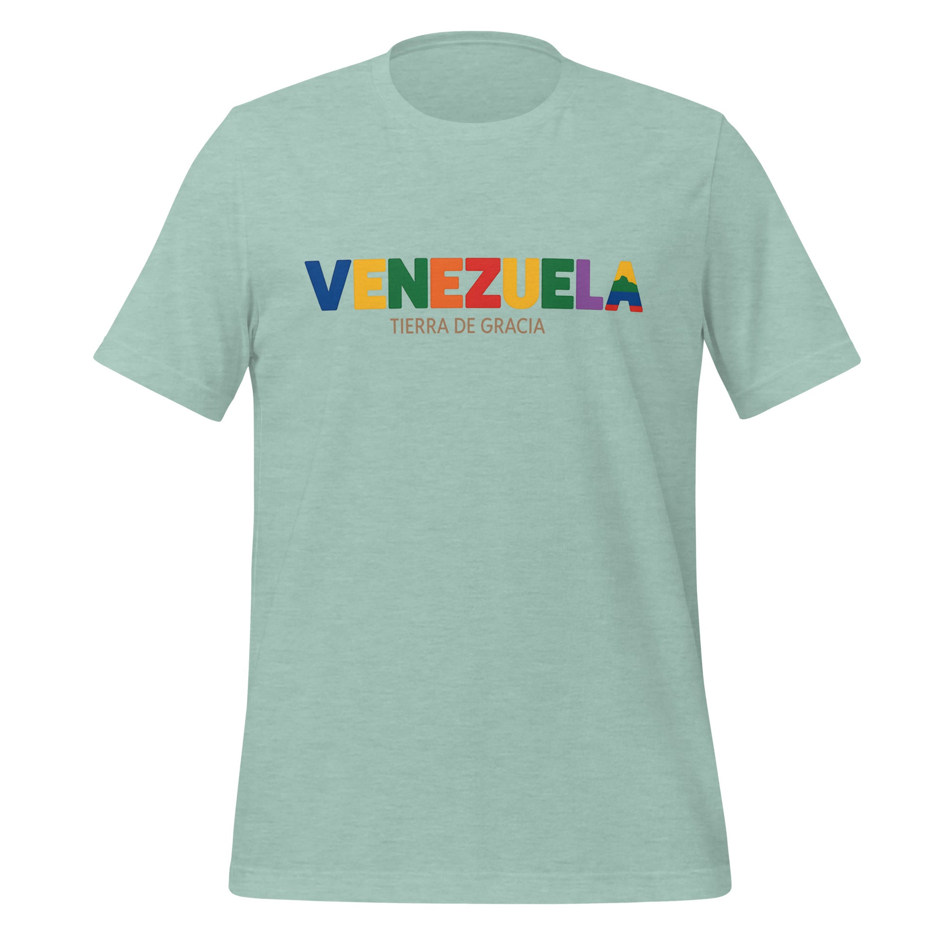 T-shirt con diseño colorido del país Venezuela con texto “Venezuela – Tierra de Gracia”.