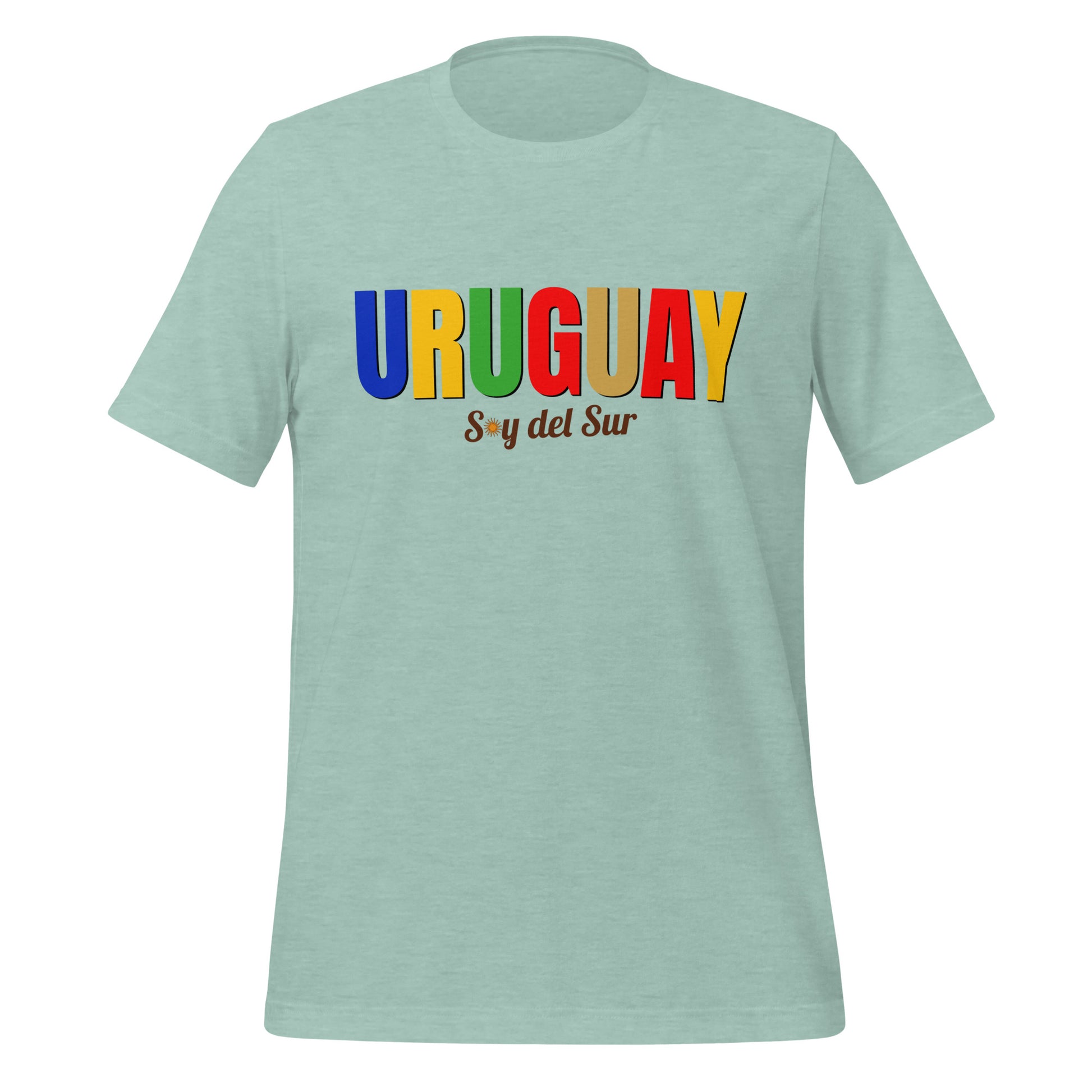T-shirt con diseño colorido del país Uruguay con texto “Uruguay – Soy del Sur