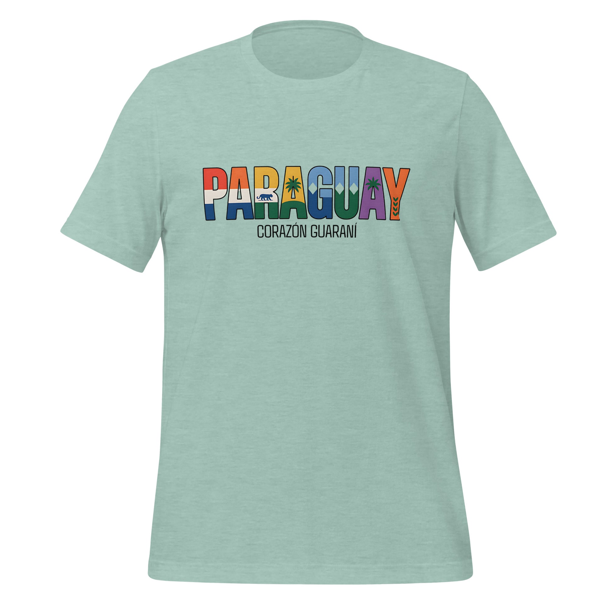T-shirt con diseño colorido del país Paraguay con texto “Paraguay – Corazón Guaraní”.