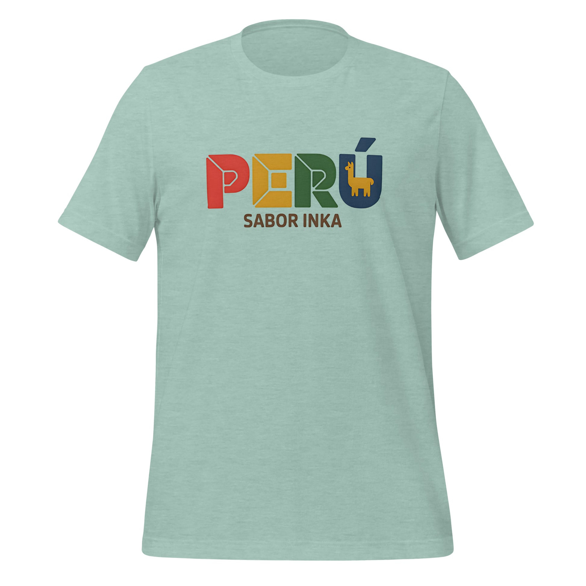 T-shirt con diseño colorido del país Perú con texto “Perú – Sabor Inka”.