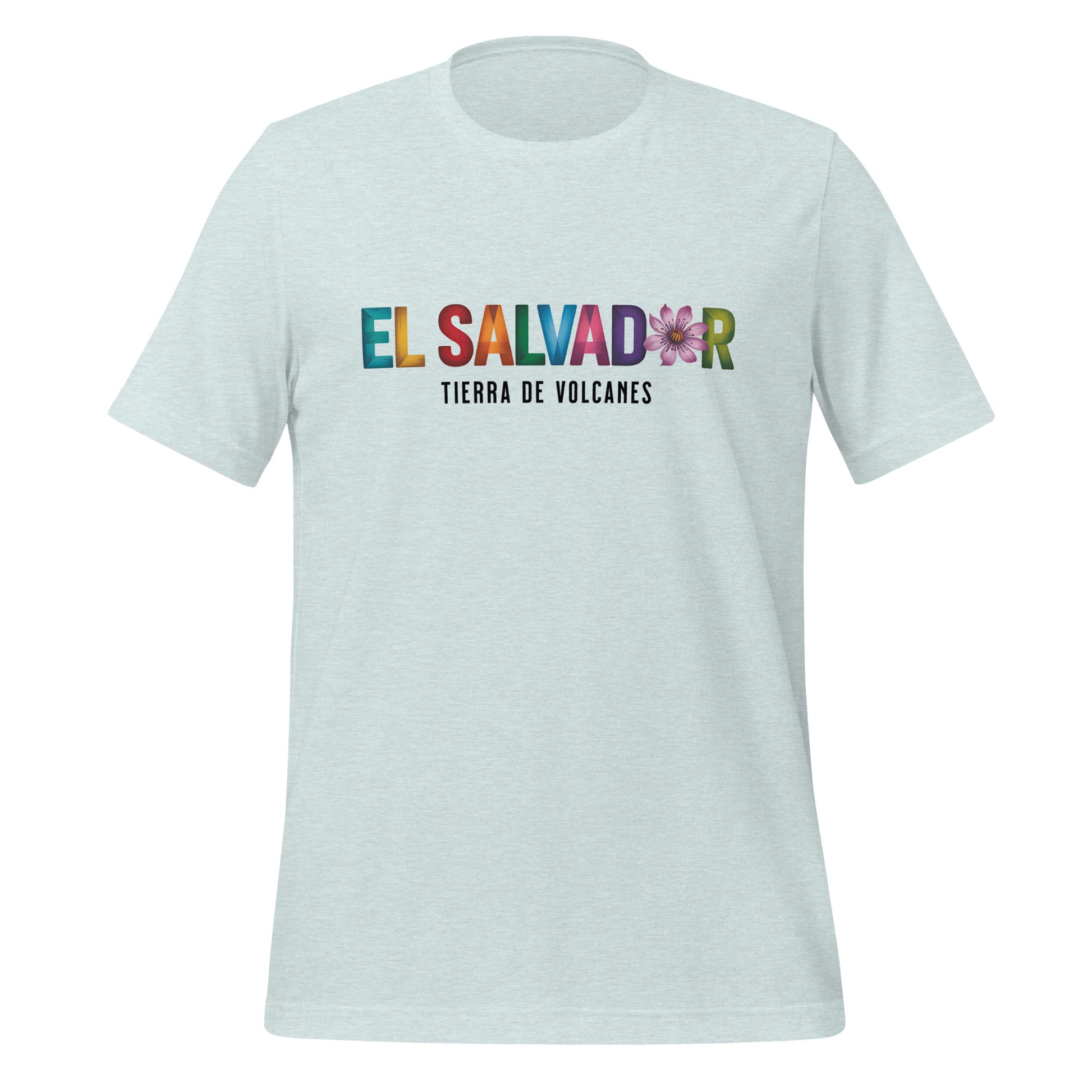 T-shirt con diseño colorido del país El Salvador con texto “El Salvador – Tierra de Volcanes”.