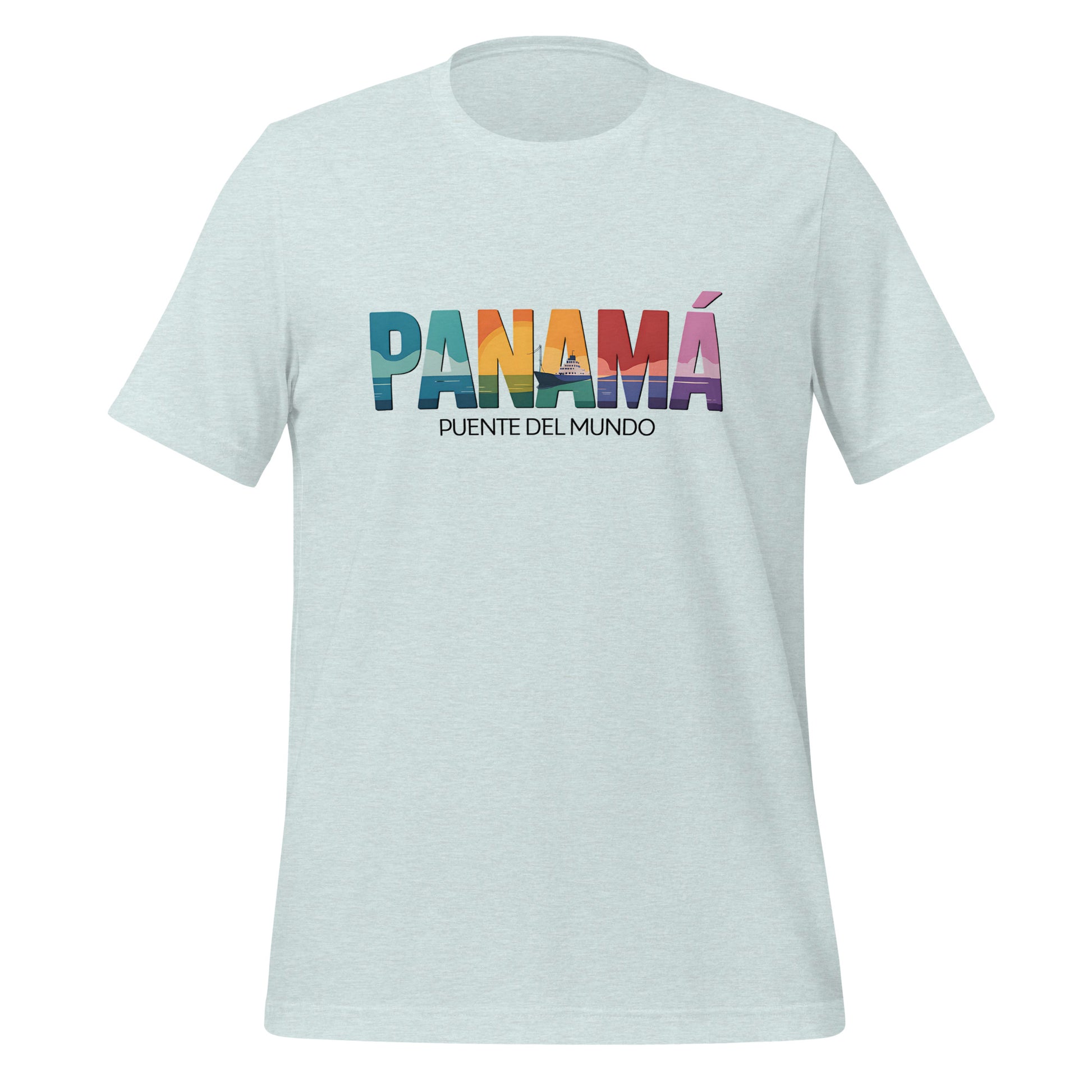 T-shirt con diseño colorido del país Panamá con texto “Panamá – Puente del Mundo”.