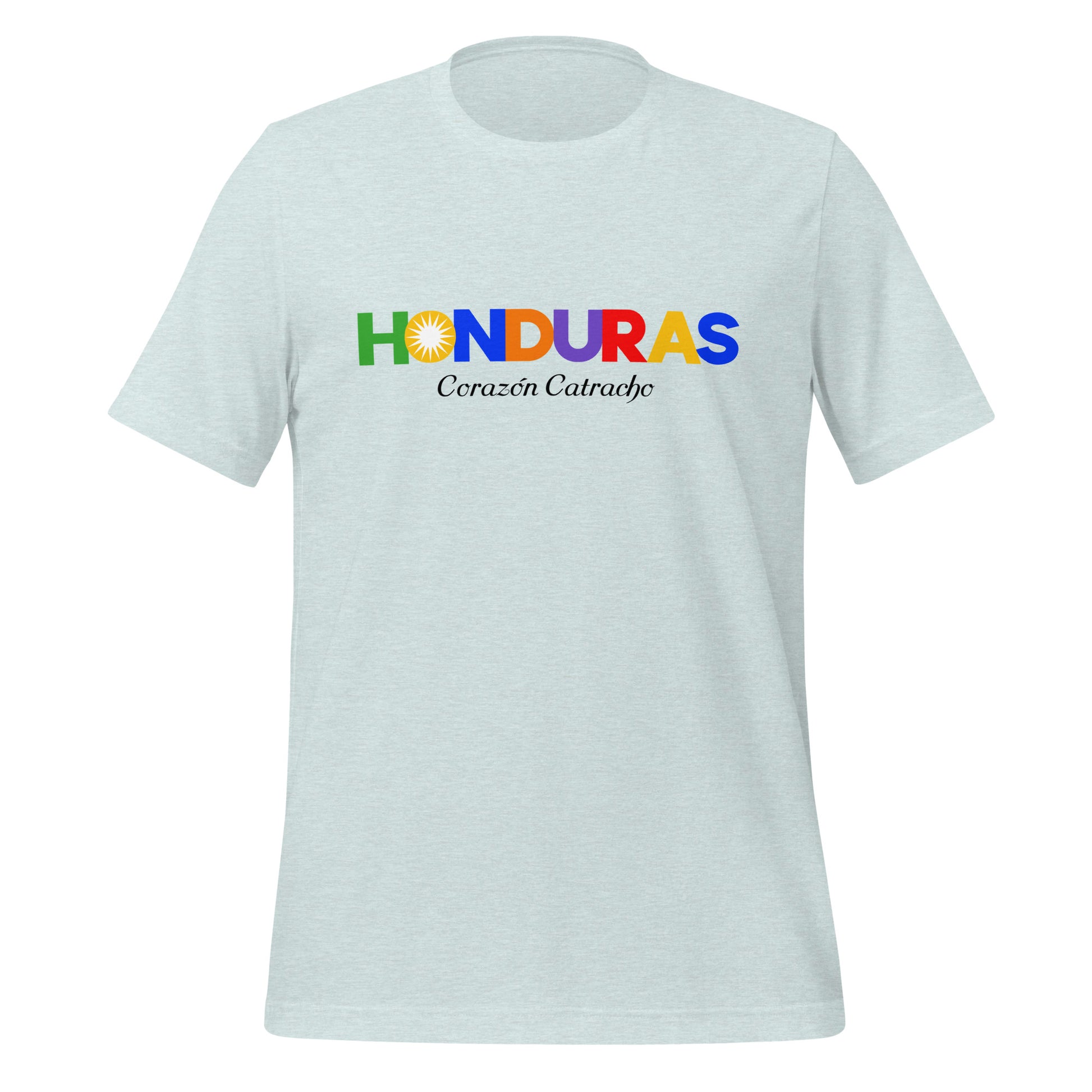 T-shirt con diseño colorido del país Honduras con texto “Honduras – Corazón Catracho”