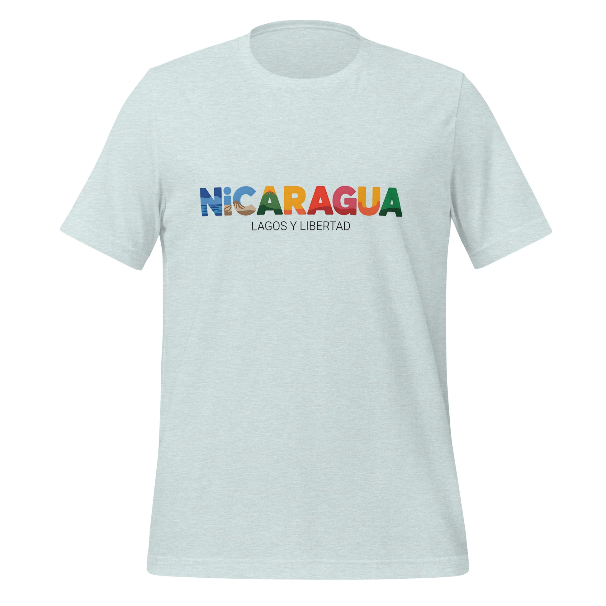 T-shirt con diseño colorido del país Nicaragua con texto “Nicaragua – Lagos y Libertad”.