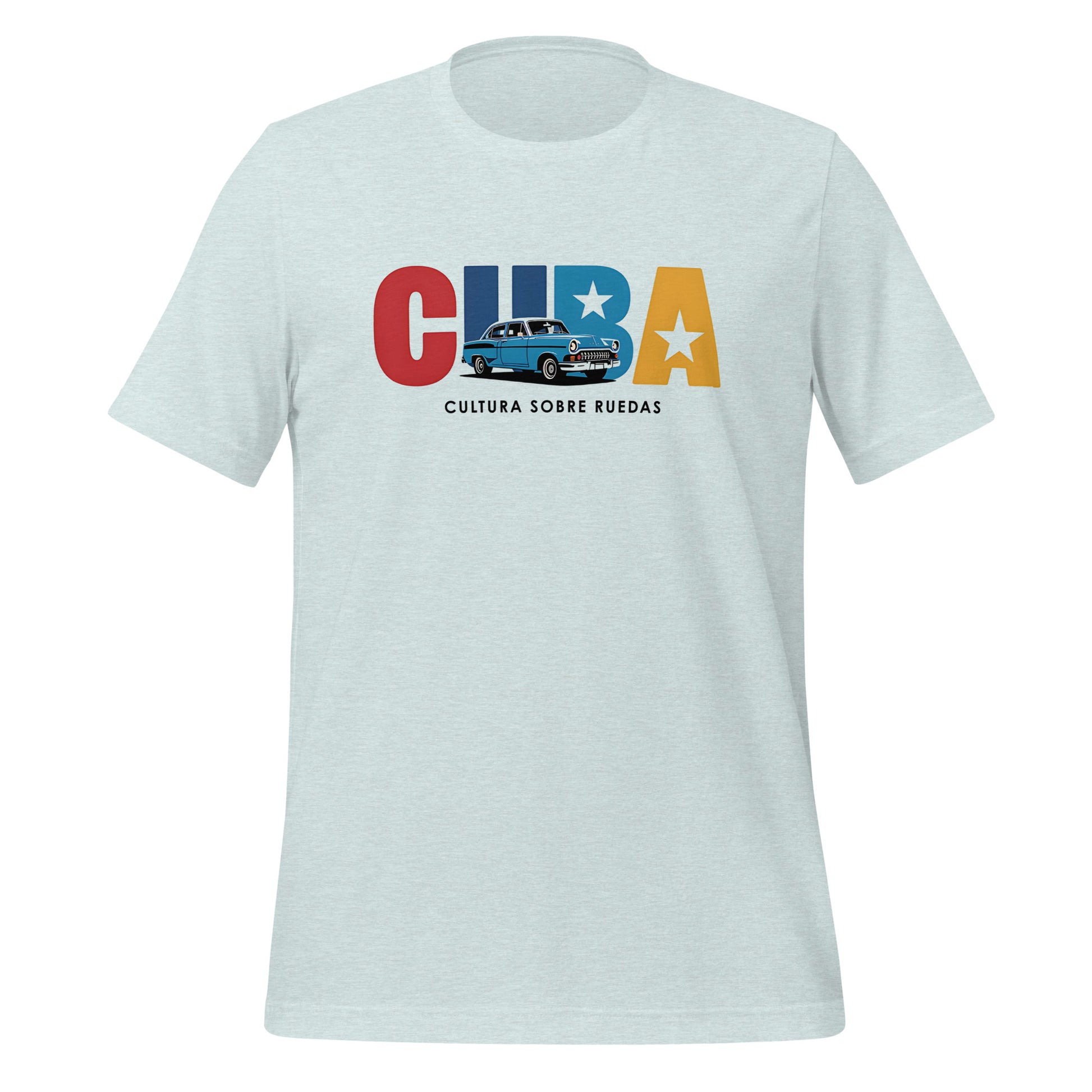 T-shirt con diseño colorido del país Cuba con texto “Cuba – Cultura sobre Ruedas”.
